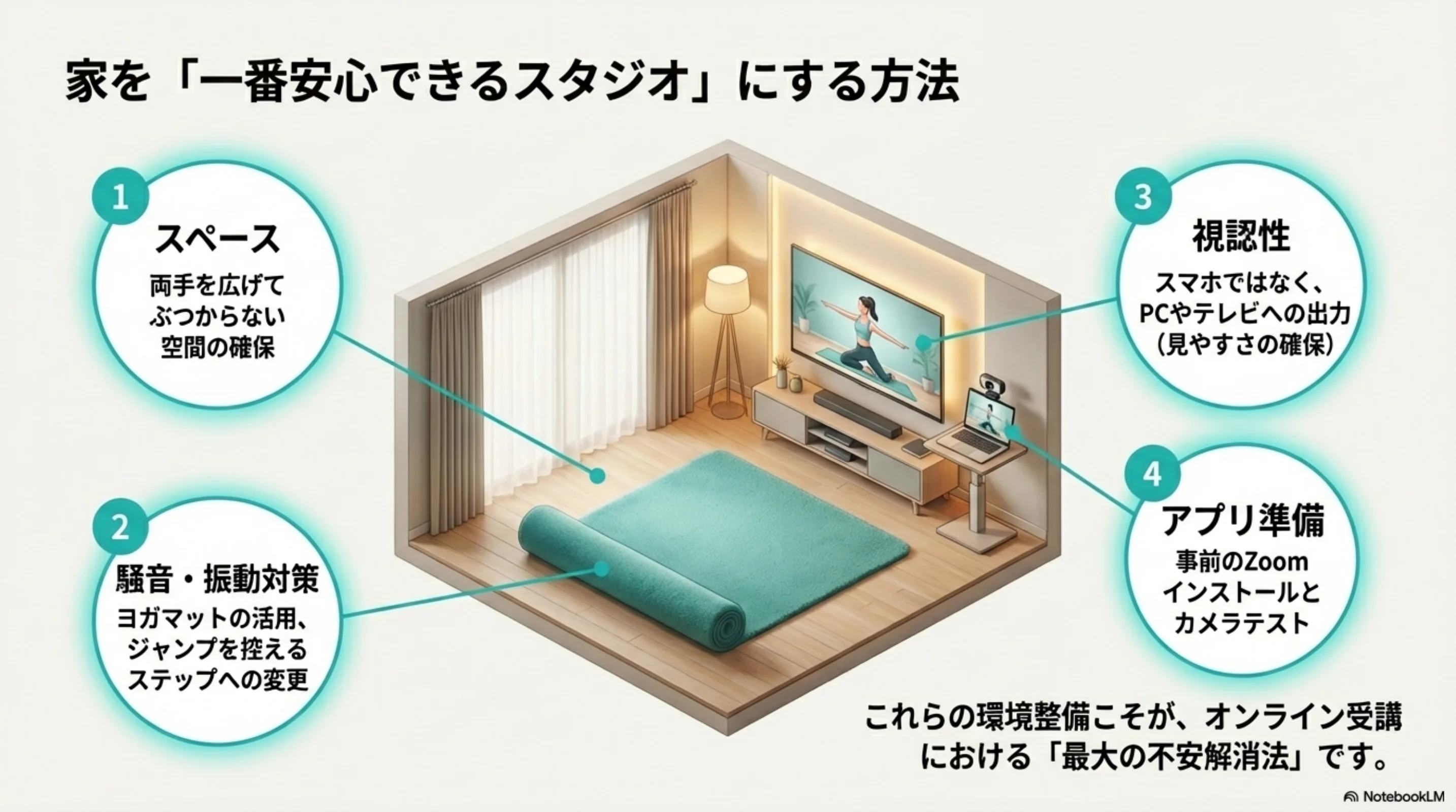 自宅の受講環境で確認したいスペース、音対策、視認性、アプリ準備を整理した図