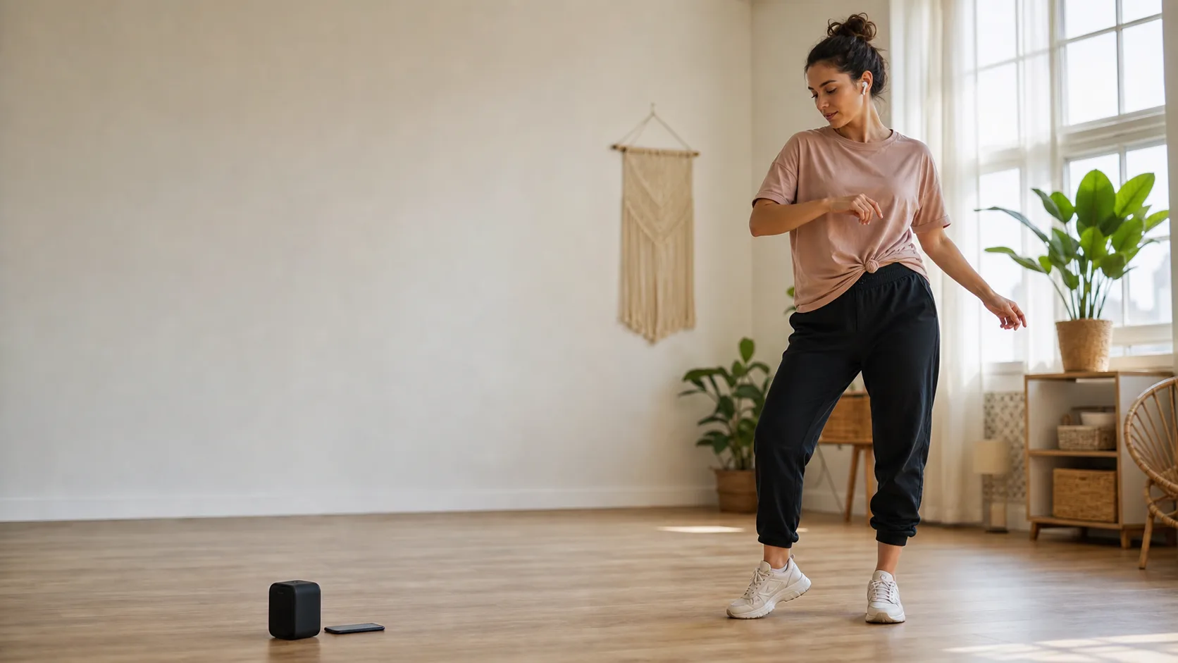 自宅のフロアで、ダンス初心者がスピーカーから流れる曲を聴きながら、速さや拍の取りやすさを確かめるように身体を動かし始める瞬間を捉えた写真