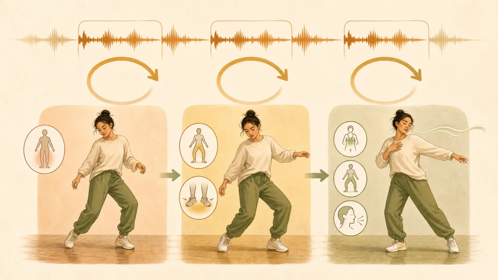 曲の中の短い区間を取り出し、その範囲を3回繰り返しながら手順、重心、呼吸という観察軸を1段ずつ追加していく練習の流れを示した図
