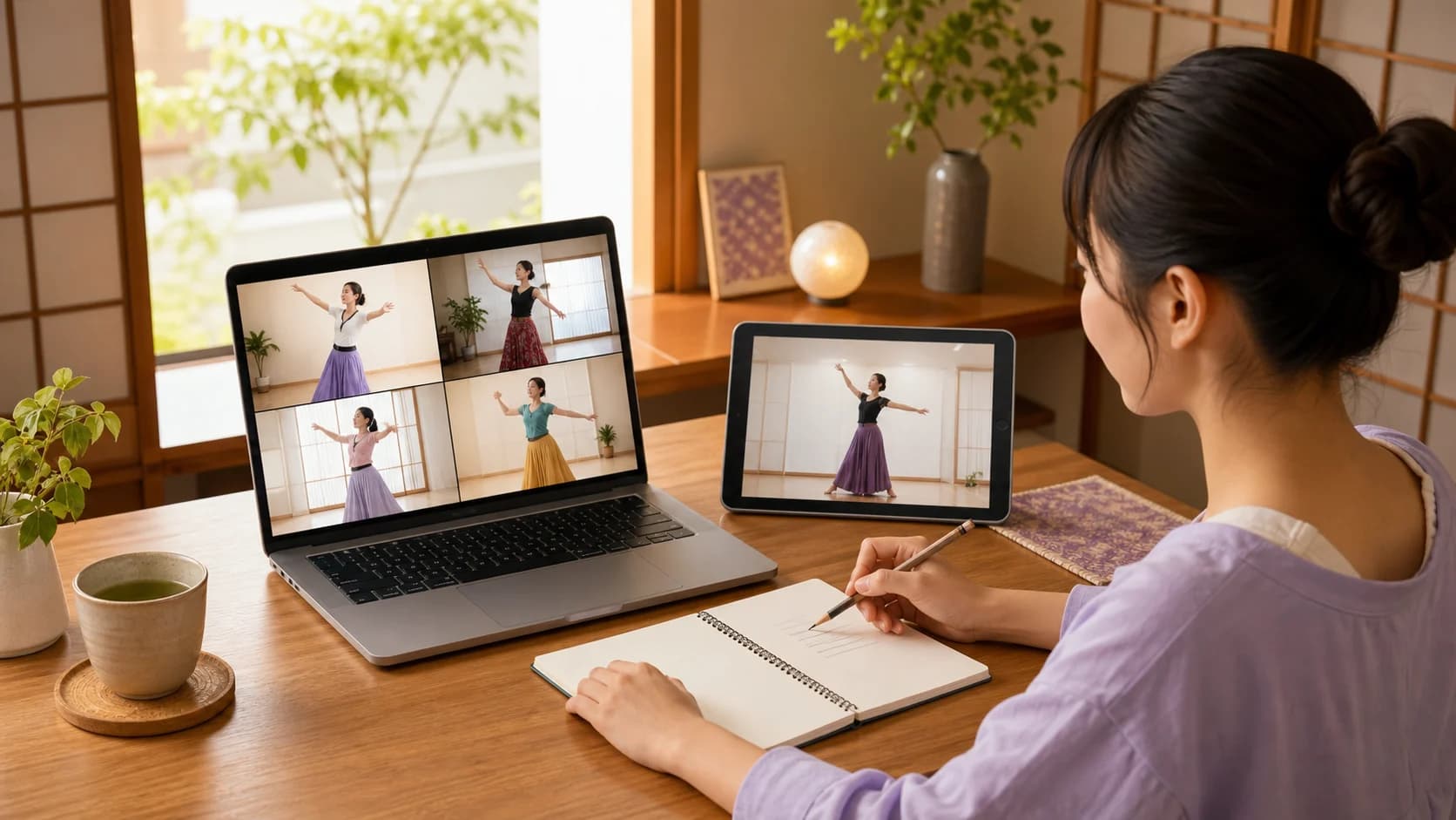 パソコン画面のライブレッスンとアーカイブ動画を交互に確認するイラスト