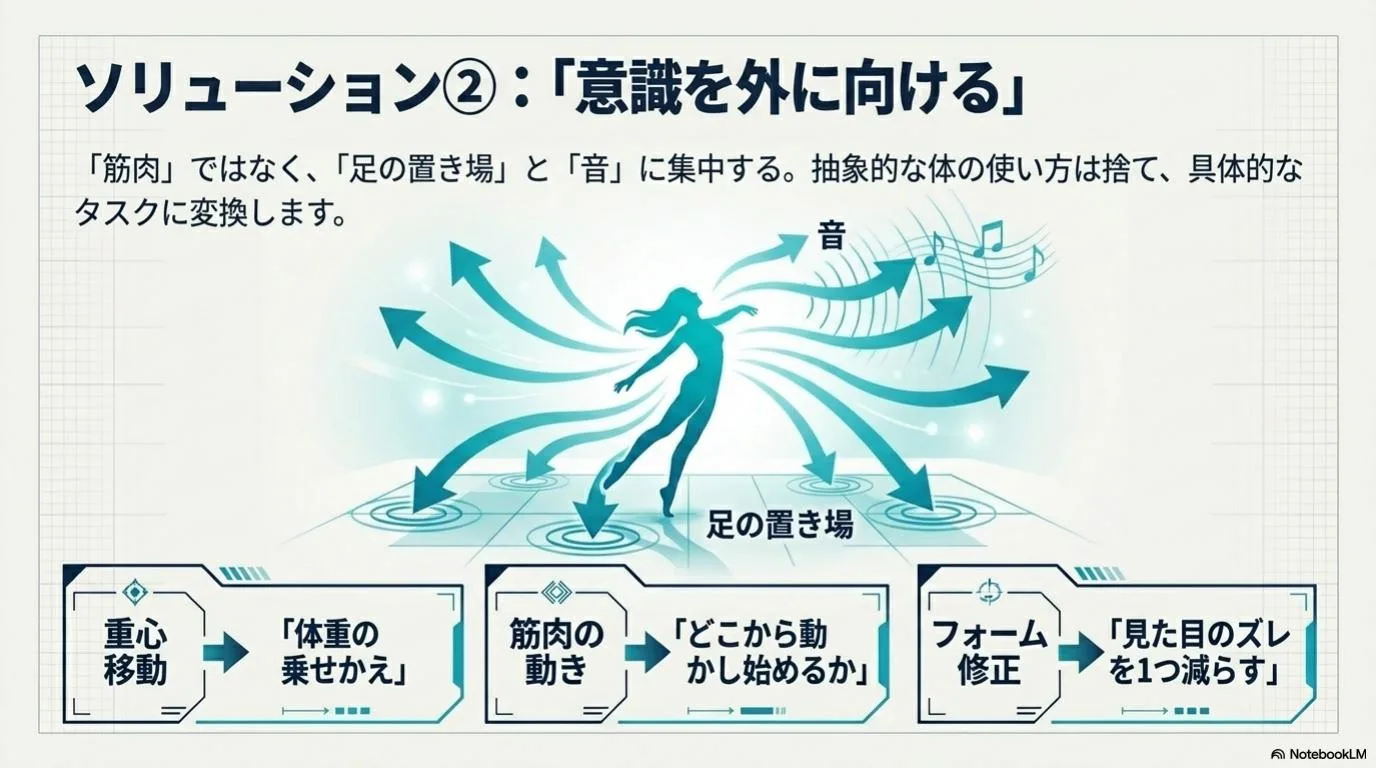 足を置く位置や音への意識で動きを整える考え方
