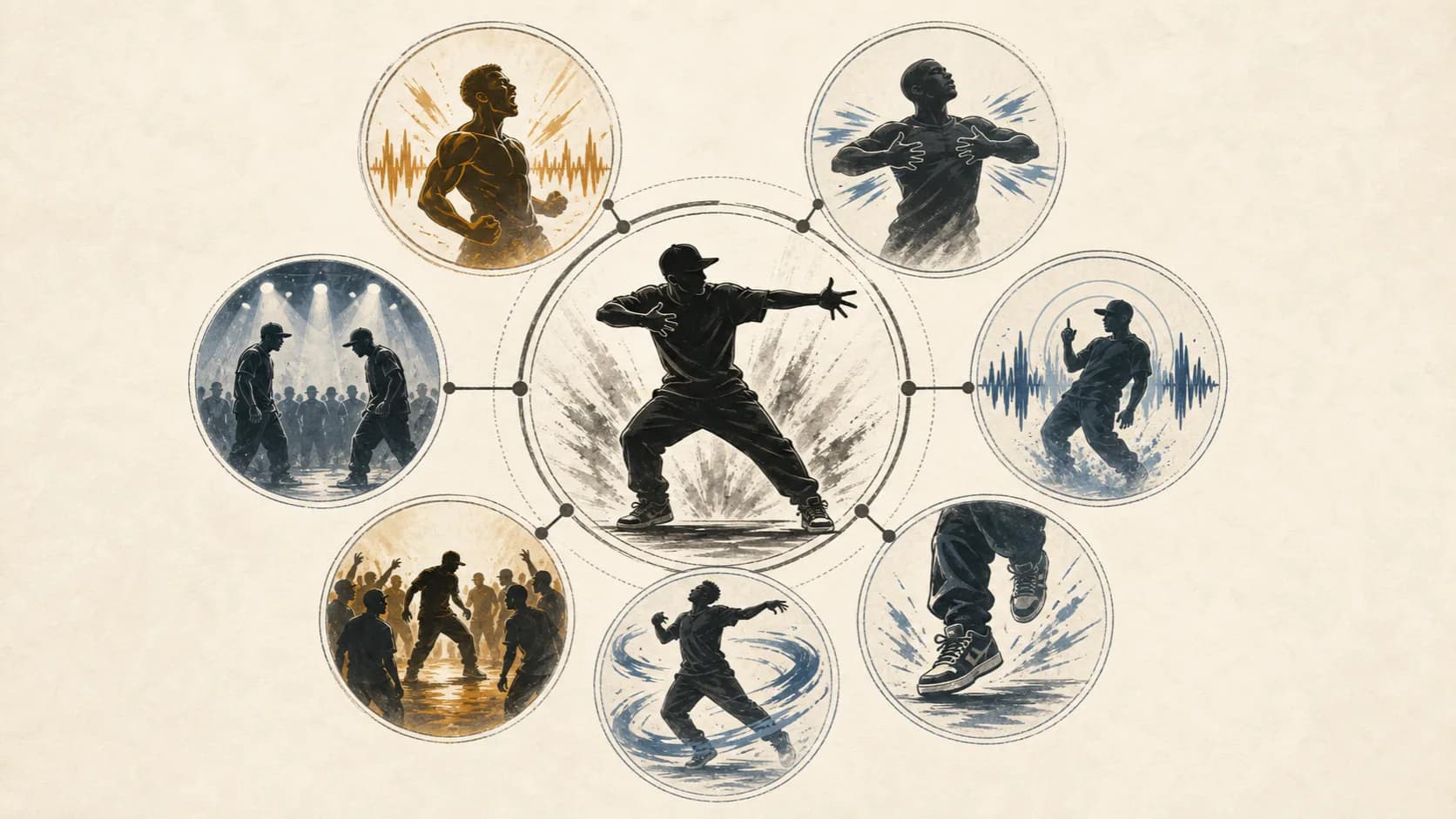 energy、chest / arm expression、rhythm、footwork、freestyle、session / battle、liveness の七つの観察軸が放射状に並ぶ俯瞰図