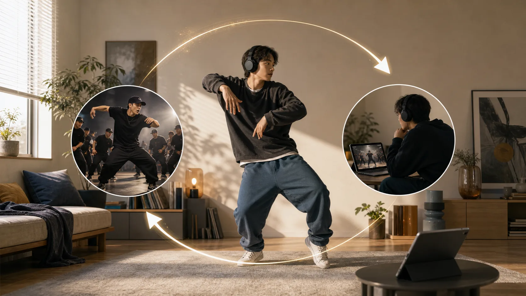 自宅の落ち着いた空間でヘッドフォンや画面に向かいながら身体を動かす人物と、ライブレッスンとアーカイブの循環を表す矢印で構成された復習ループ図