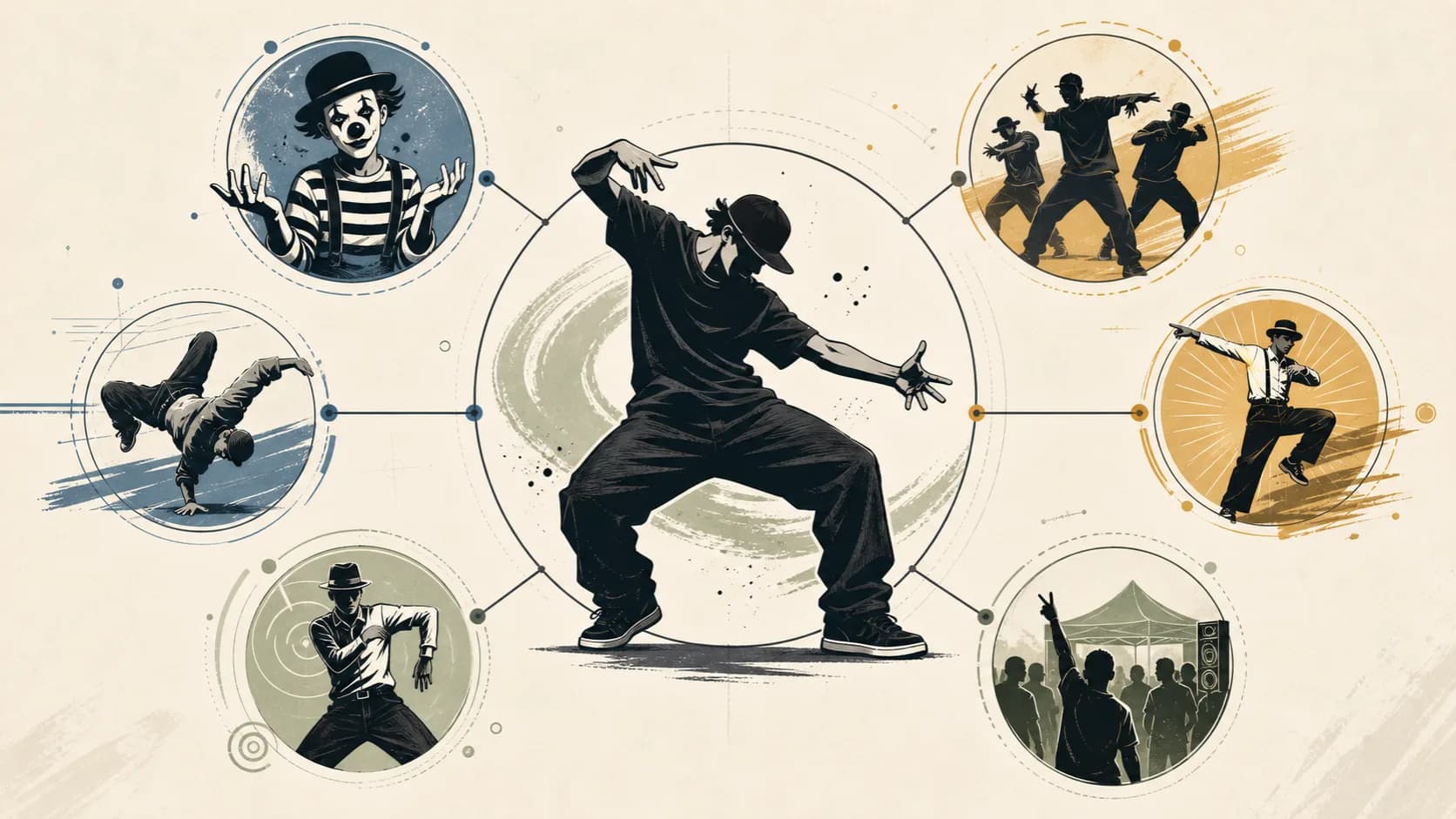 中央にKrump、周囲にclowning、hip-hop choreography、breaking、popping、locking、Free Chacha 文化が配置され、それぞれの距離感を線で結んだ境界マップ