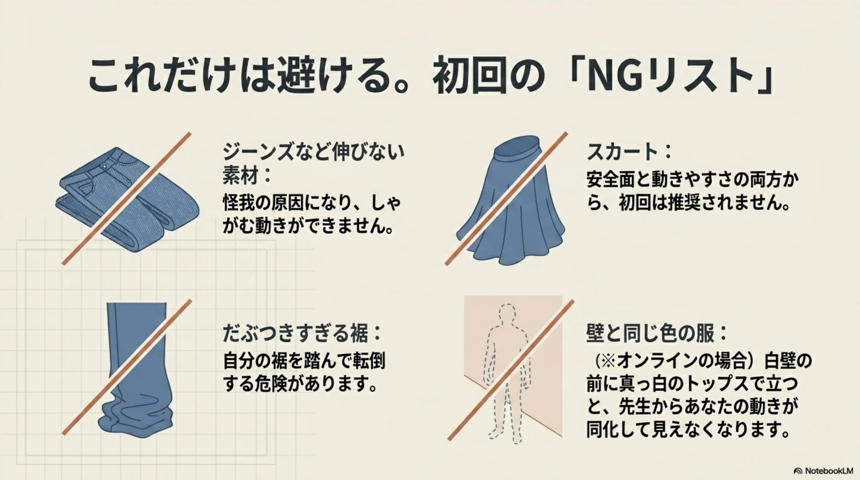初回に避けたい服装と見えにくい服装の例