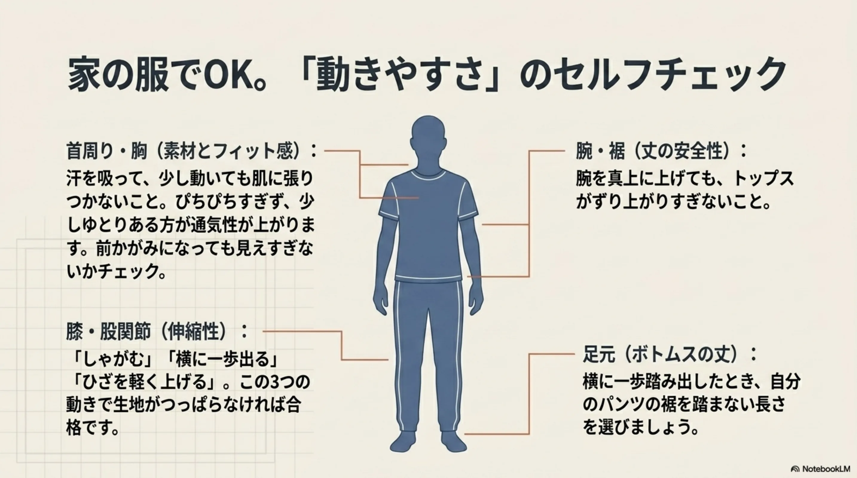 家にある服で動きやすさを確認するセルフチェック