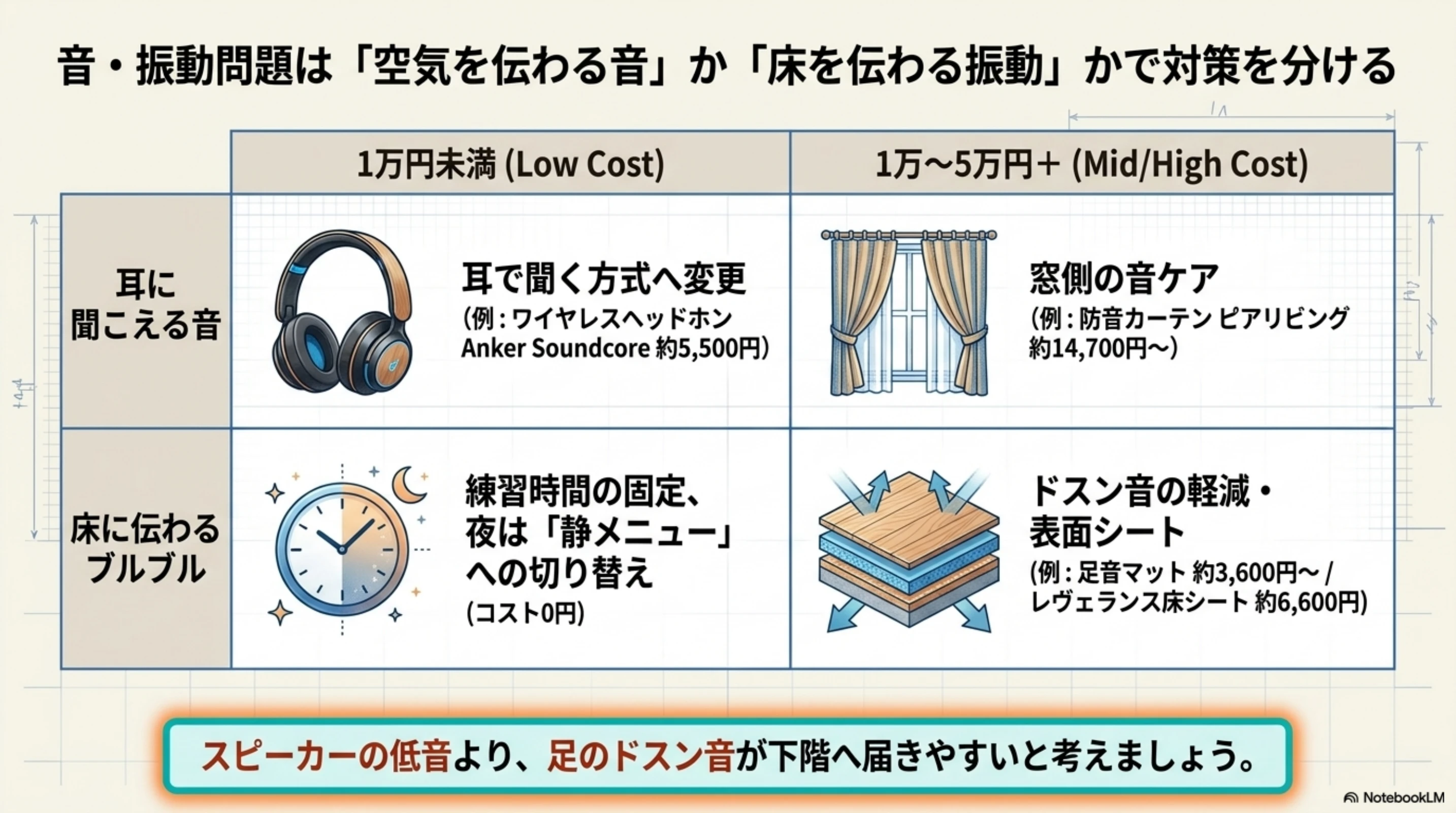 音と振動を分けて対策する低コストと中コストの目安