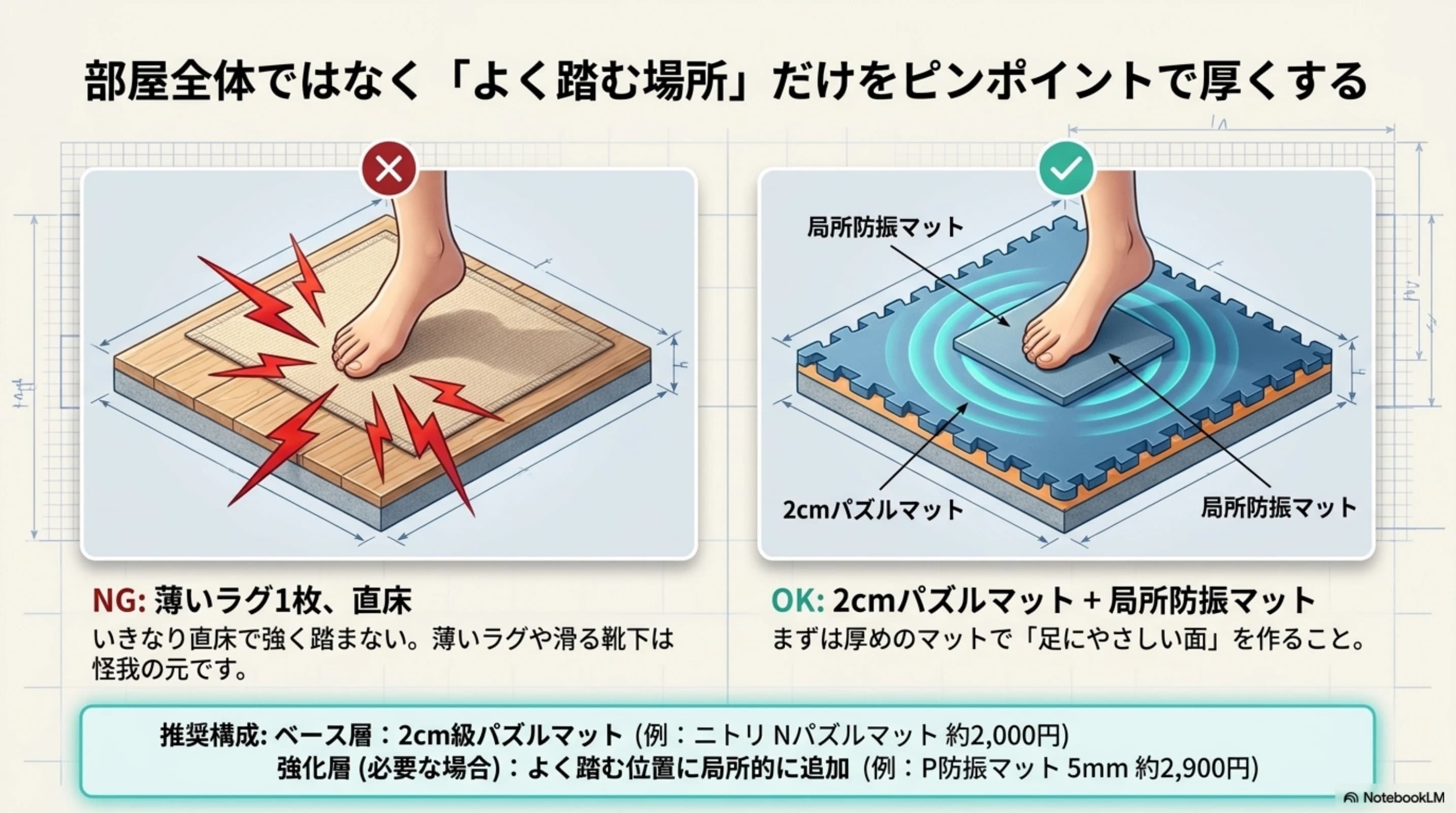 部屋全体ではなく足元だけを厚くして床を守る考え方