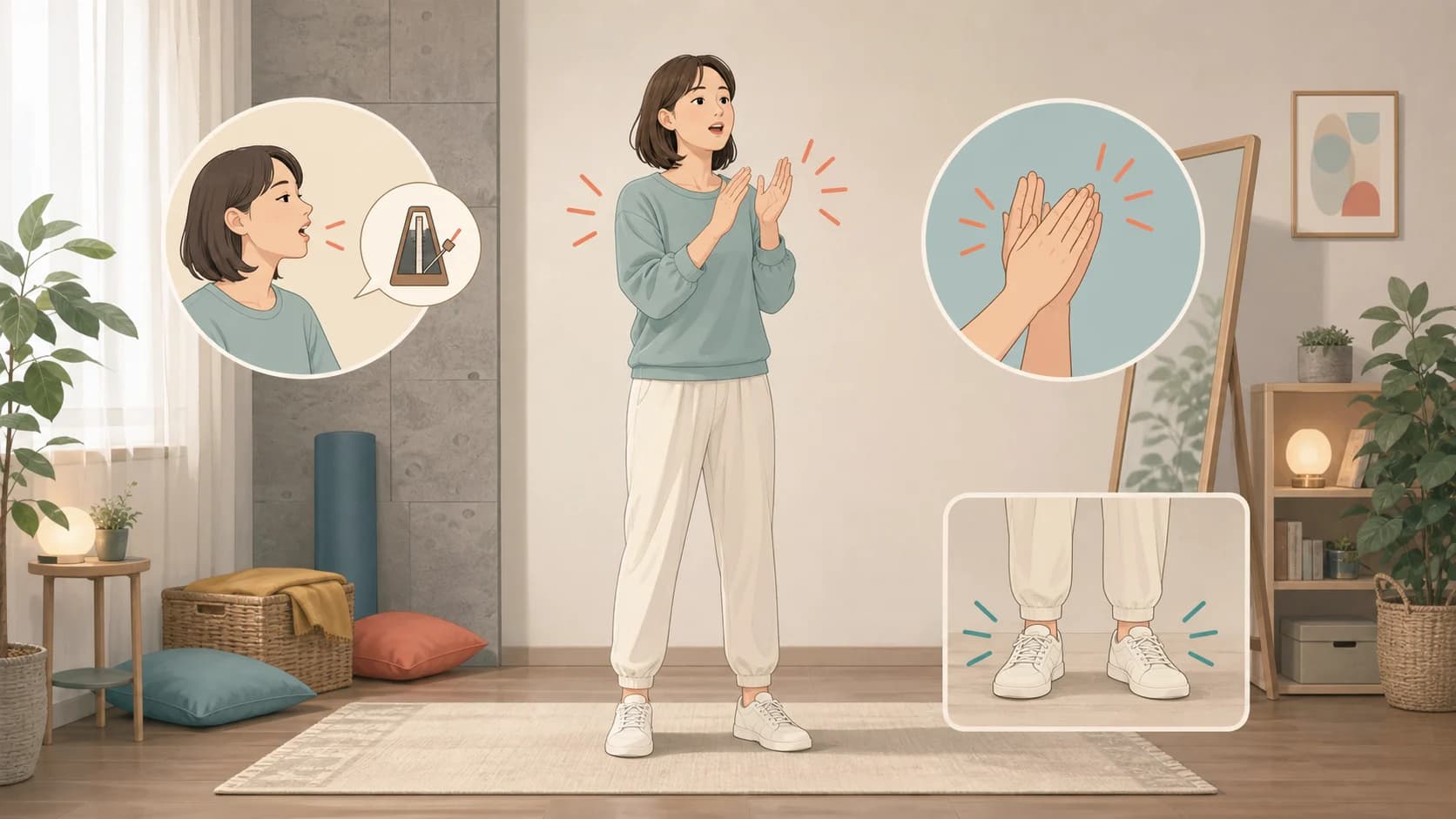 足を動かさずに、手拍子や口での数えで拍だけを先に取っている初心者の練習場面のイメージ