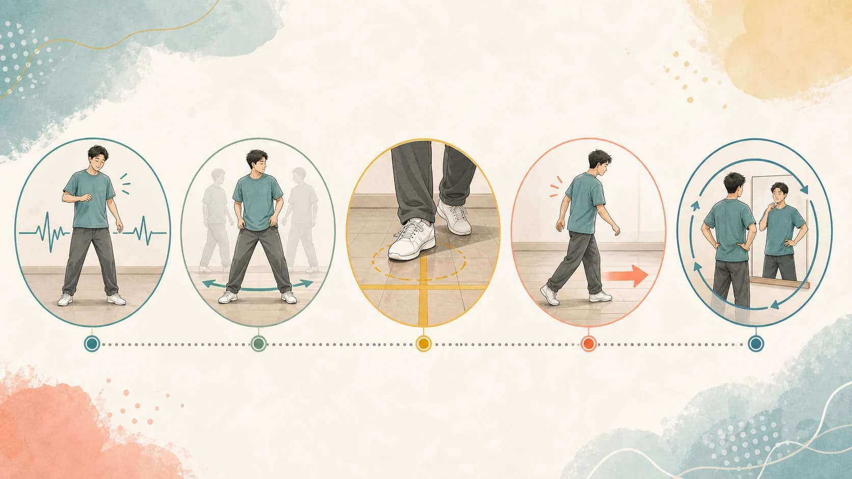 拍、重心、足の置き場所、方向、短い復習という5つの観点を並べて、基本ステップの練習単位を一覧で示した整理図のイメージ