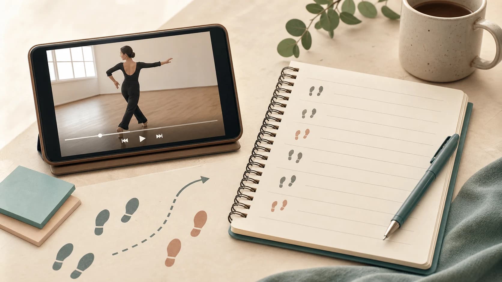 アーカイブ動画の画面の隣に、ステップ名1つにつき1行だけ書かれた手書きメモが添えられた図