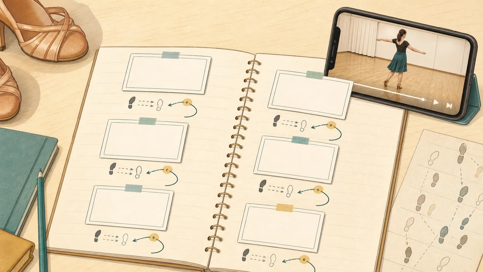 ステップ名の単語カードと、その下に小さく「戻り先：右足から」と書かれた付箋が貼られている図