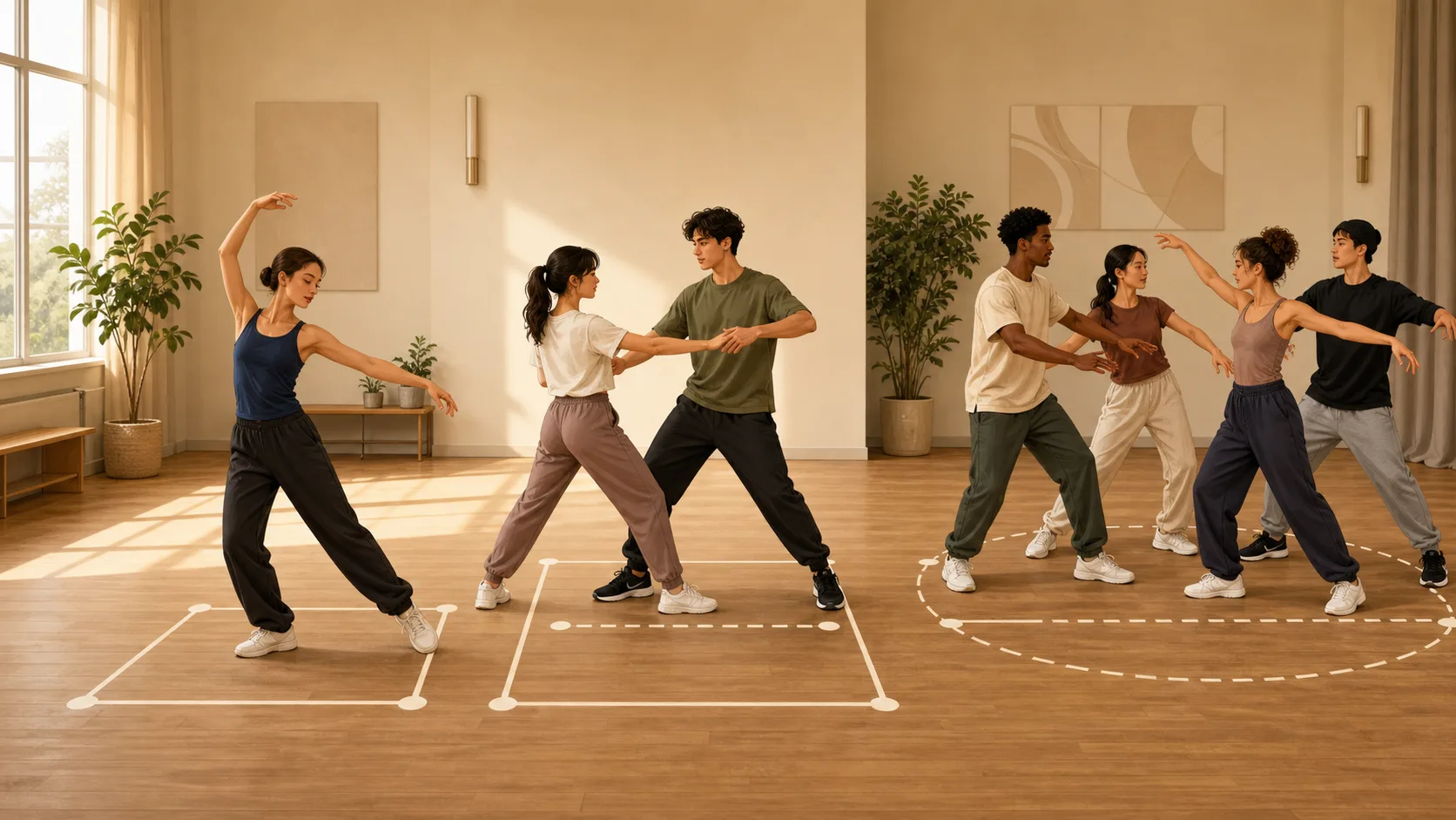ソロ、ペア、集団で踊る場面を並べた、相手との関係の図解