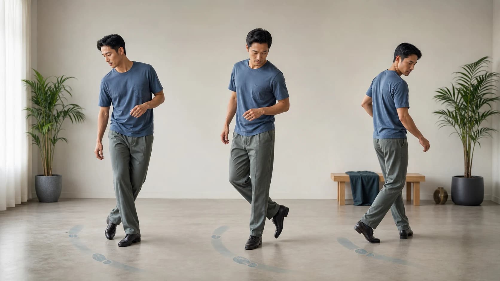 ステップ練習で足の運びと体重の移動、体の向きの変化を一緒に確認する初心者の様子を表した図