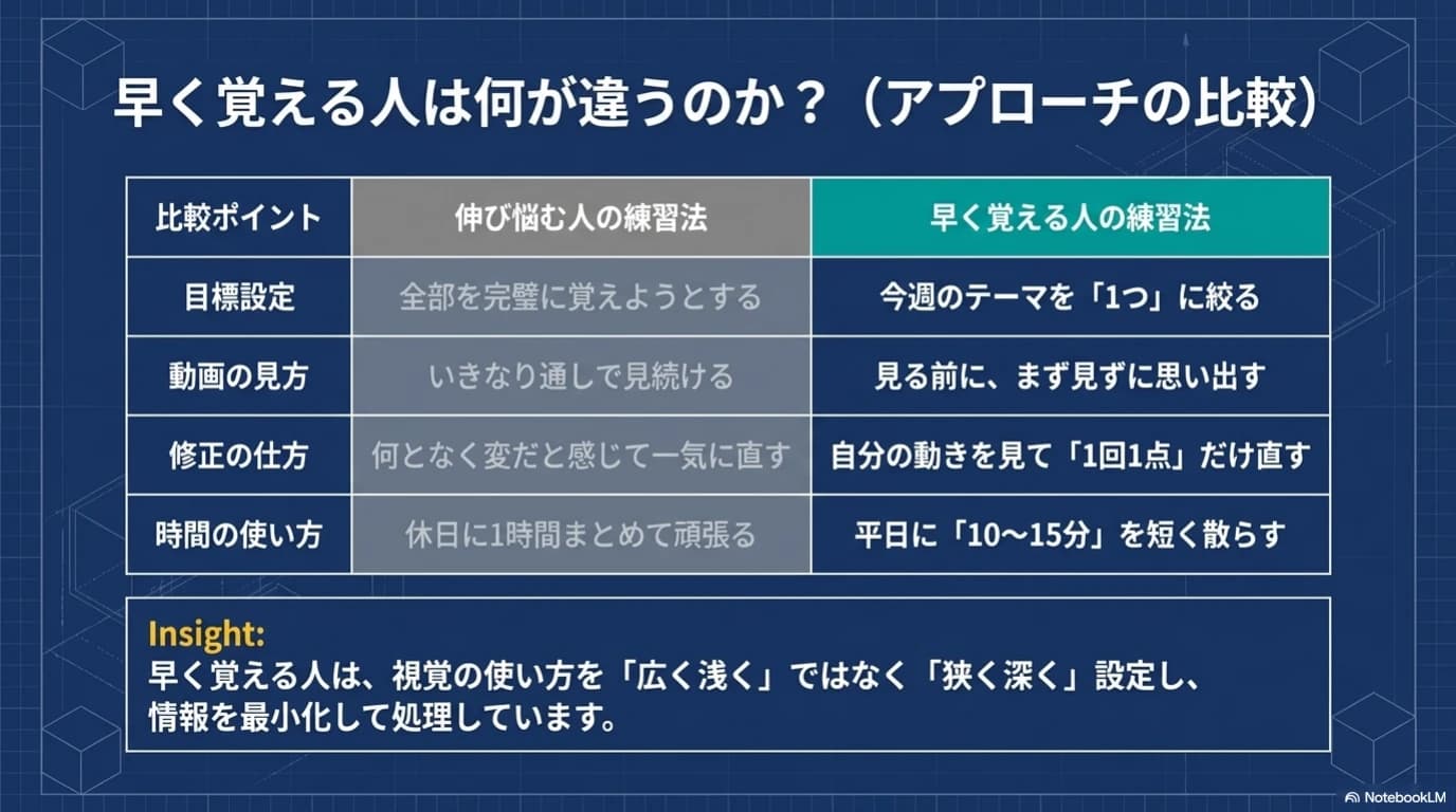 早く覚える人と止まりやすい人の練習アプローチ比較
