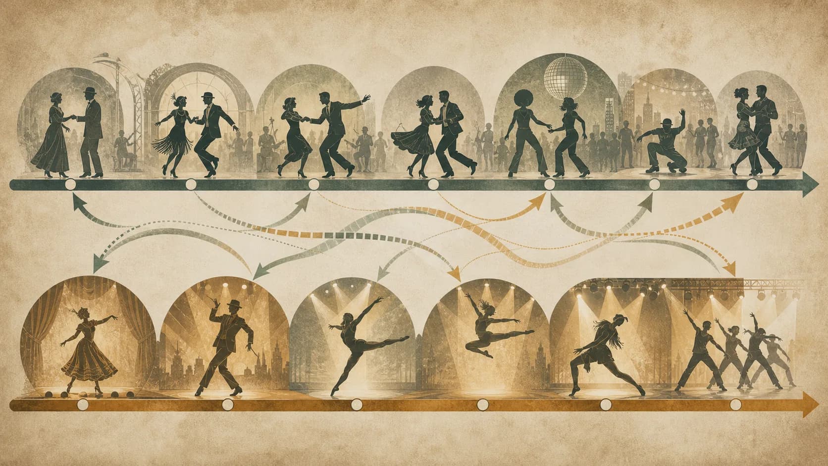 社交ダンスの層と舞台ダンスの層が往復する時代軸を簡略に示した図