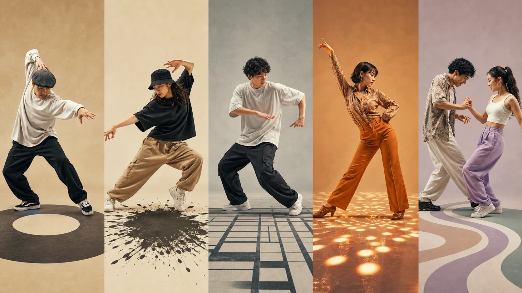 Locking、ヒップホップ、ポップ、ディスコ、Free Chacha文化を別レーンとして並べた比較イメージ