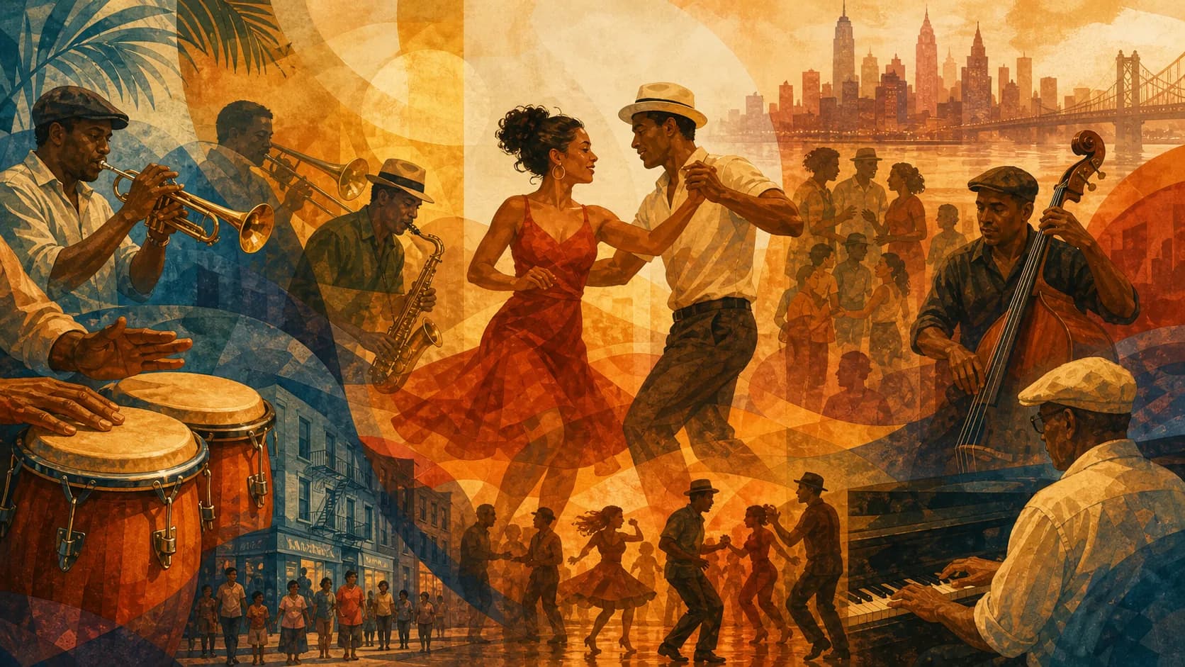 サルサダンスを、Afro-Cuban music、mambo、Latin jazz、New York Latin communitiesという音楽と地域コミュニティの層として並べた概観図。