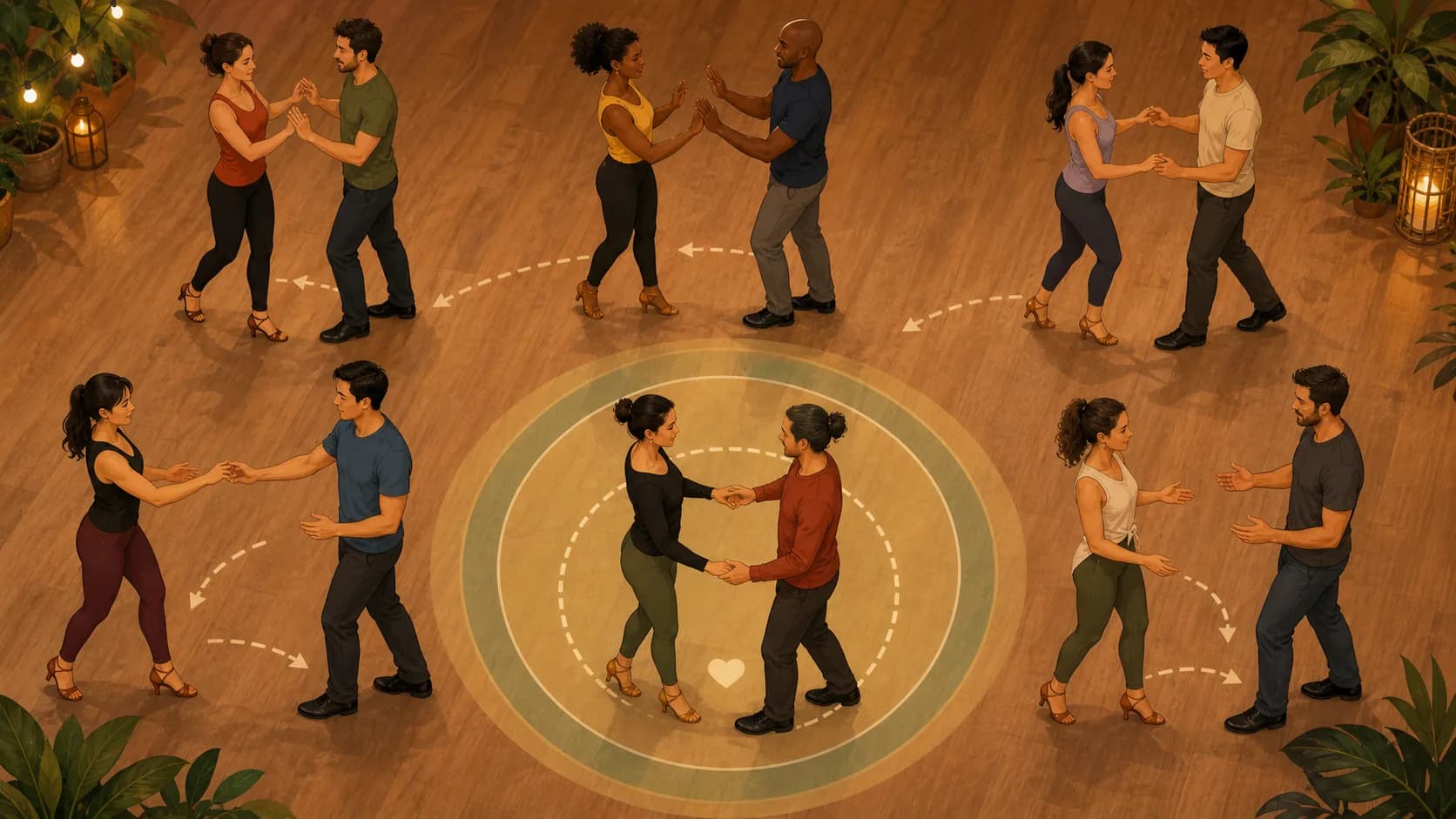 サルサダンスの社交場で、floorcraft、partner respect、warm-up、痛みのないレンジで踊ることを並べた安全観察図。