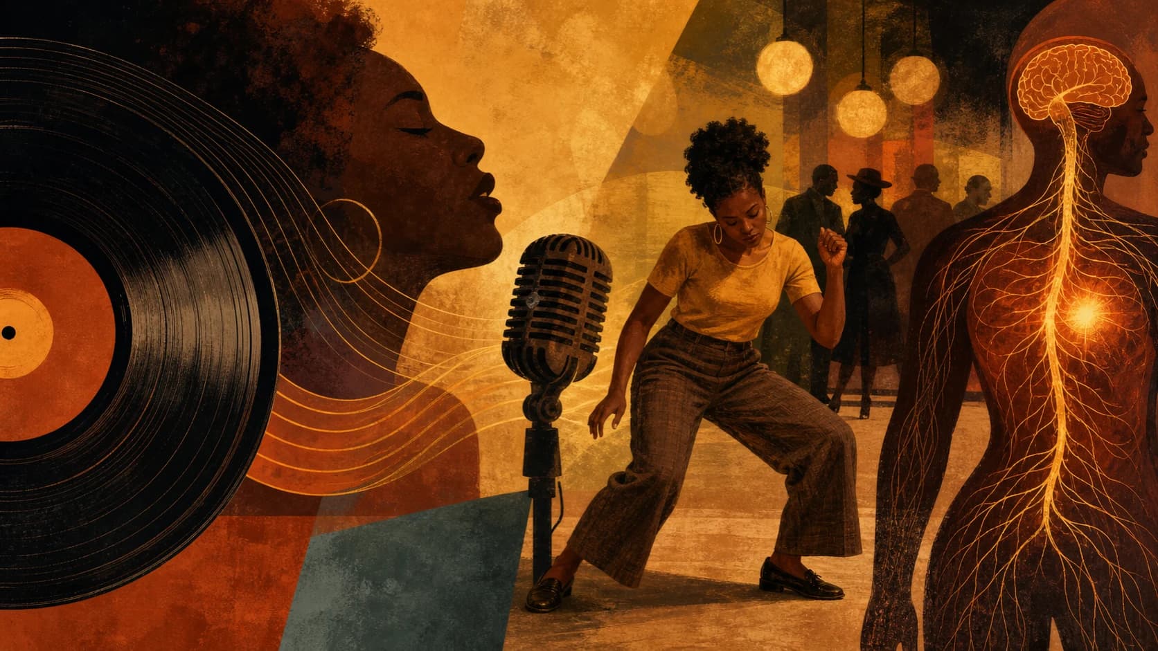 Soul music の背景とダンスの反応を一枚に並べたイメージ