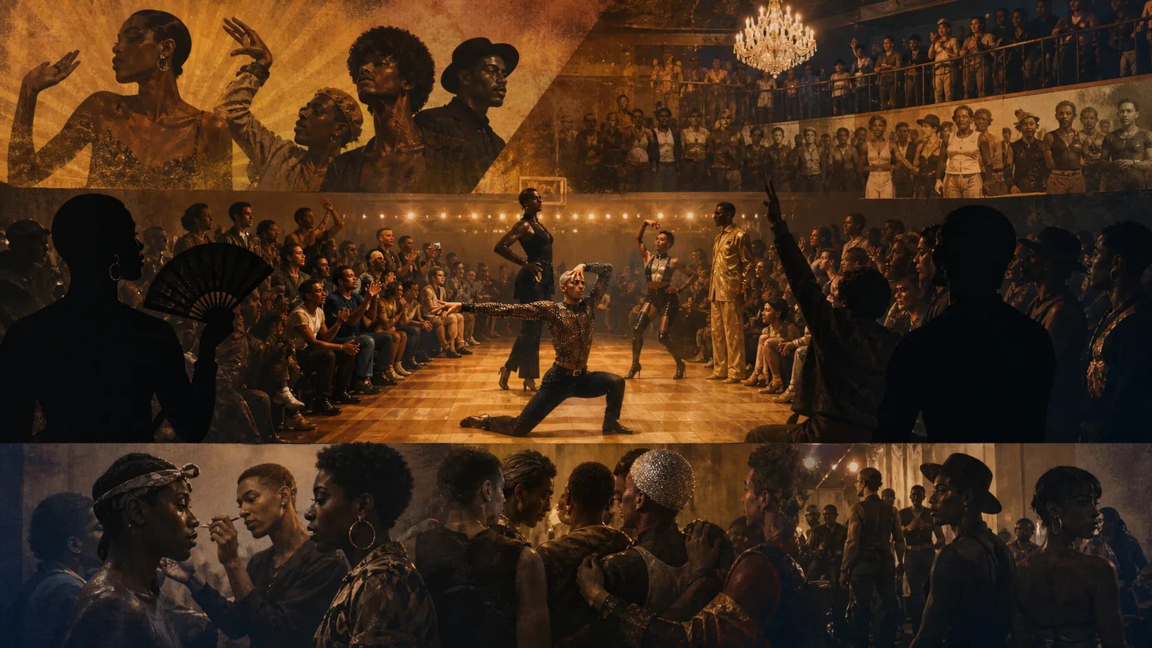 houses、balls、category、Black and Latino LGBTQ communitiesという文脈を地層のように示したBallroom culture背景図。