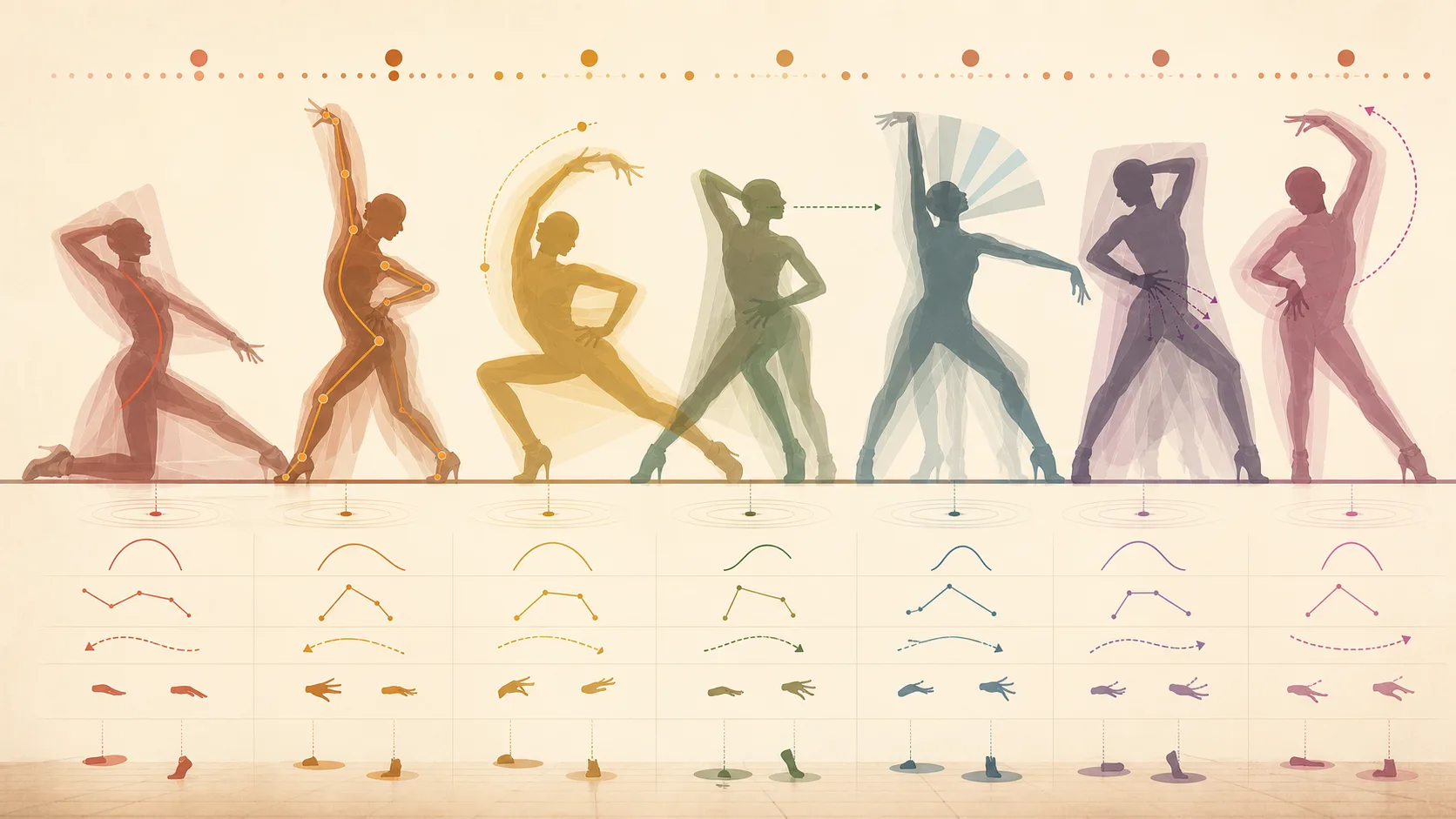 line、angle、arms、hands、floor、gaze、musical accentsという観察軸を順に並べた分解図。