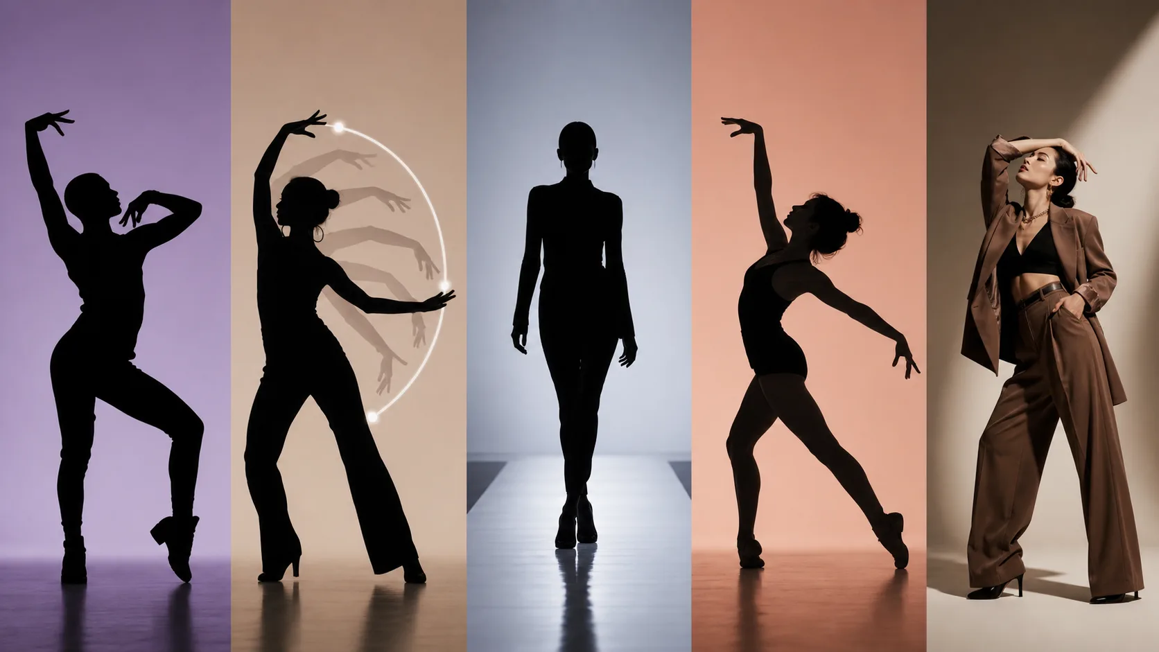 Voguing、Waacking、runway posing、Jazz dance、ファッションポーズを別レーンとして並べた境界整理図。
