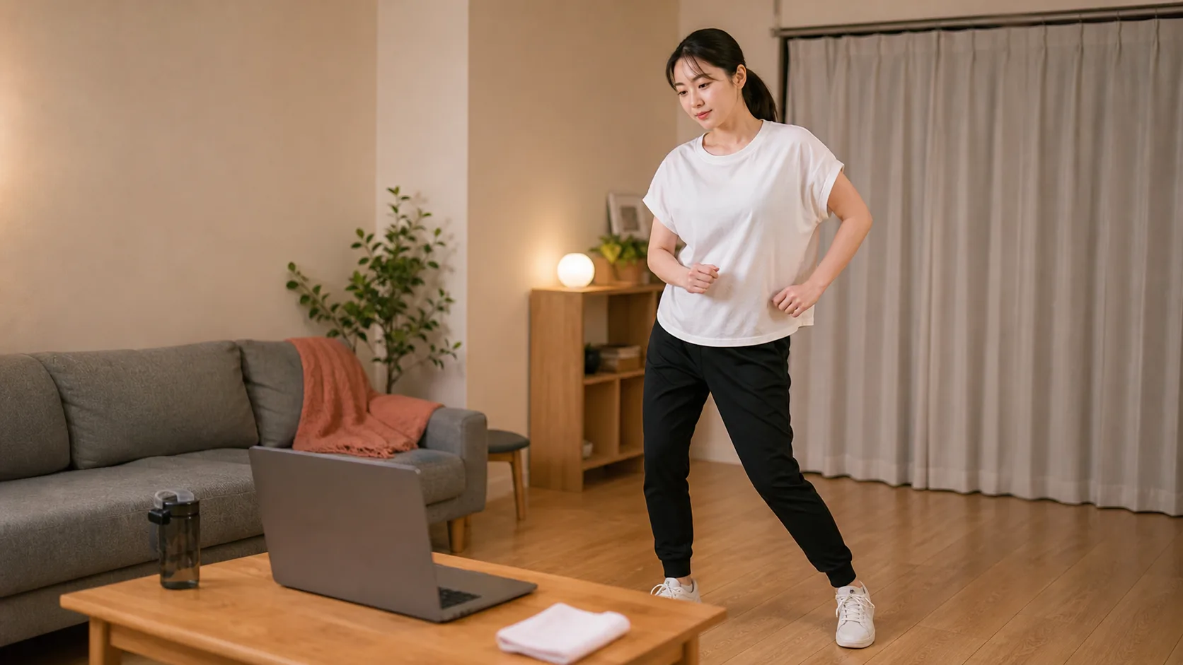 仕事を終えた社会人初心者が、自宅の落ち着いた部屋で短い練習に戻ろうとしている導入の図