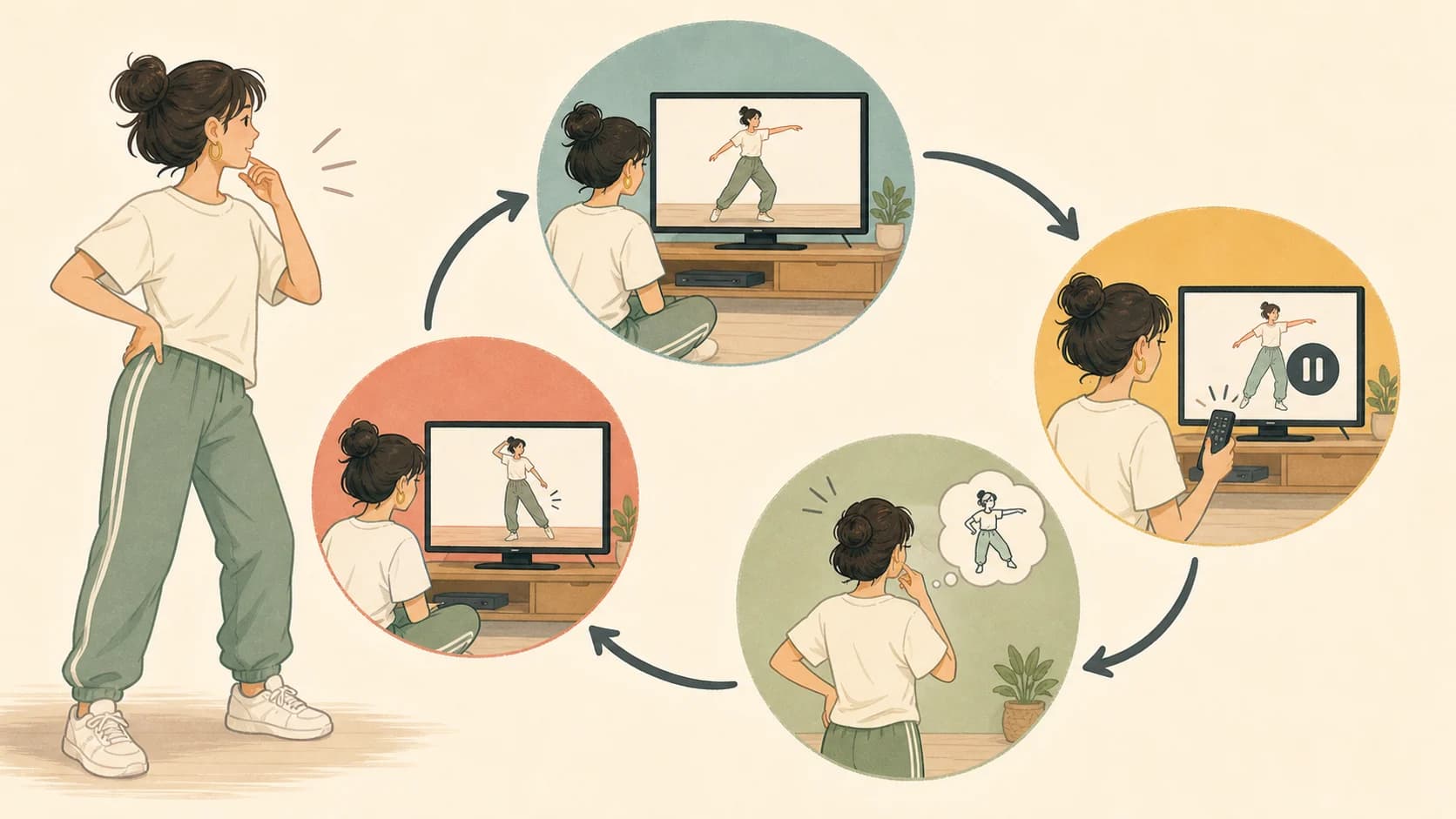動画を見る、止める、見ないで思い出す、もう一度見て確認する循環図