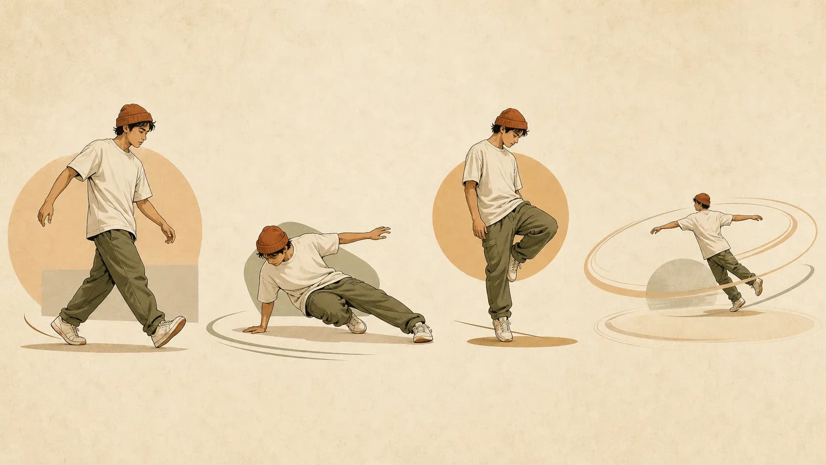 立位のtop rockから床のfootwork、静止のfreeze、回転のpower moveへと進む動きの流れを示した連続図
