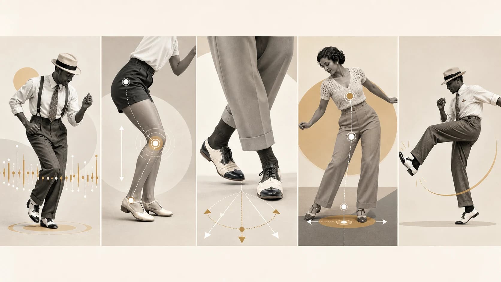 チャールストンを観察するための5つの軸(リズム、膝、足元、重心、キック)を並べた要約図