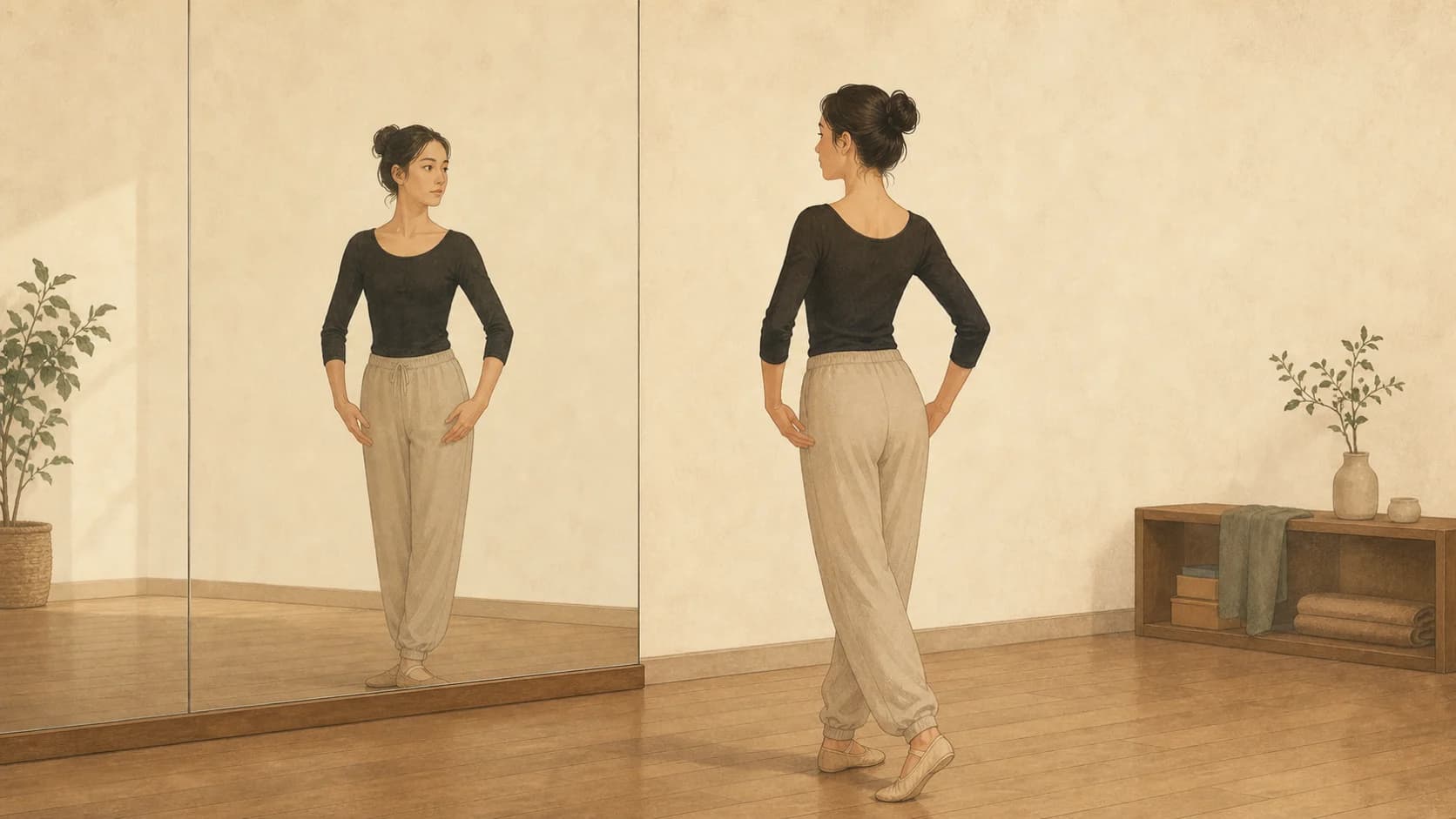 支点をぶらさず、肩甲骨と骨盤の向きで輪郭を作りながらポーズへ入る踊り手の正面と斜めのツーショット。姿勢とシルエットという共通要素を表すイメージ