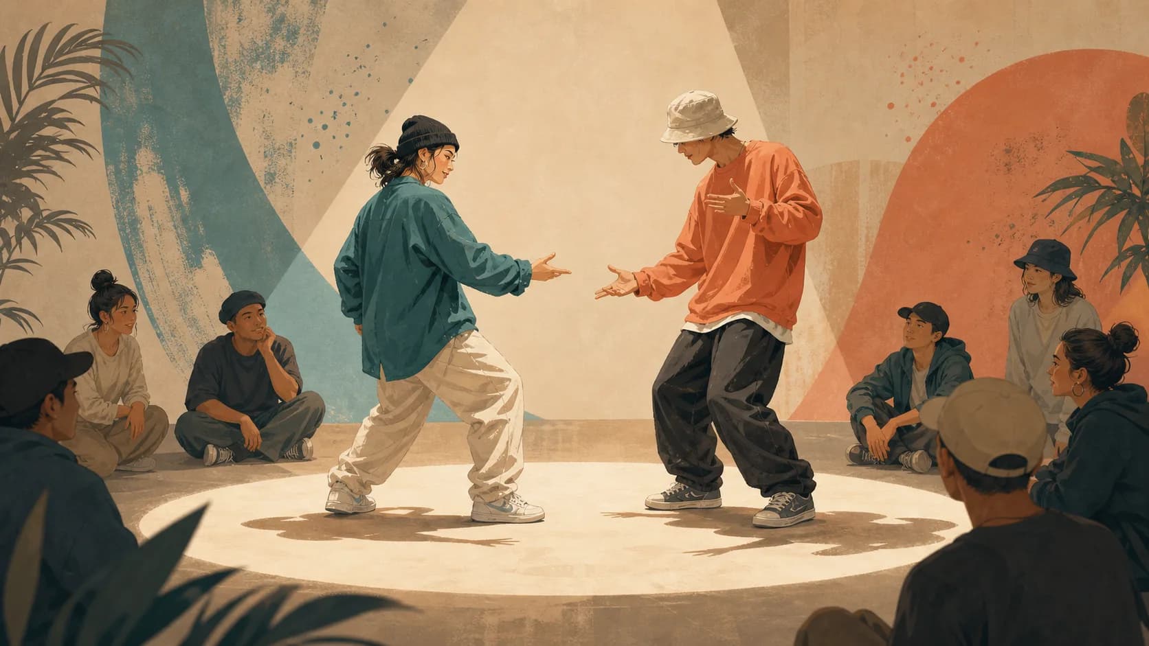 スポットライトの中で向き合う二人のダンサーと取り囲む観客を描いたダンスバトルのメインビジュアル