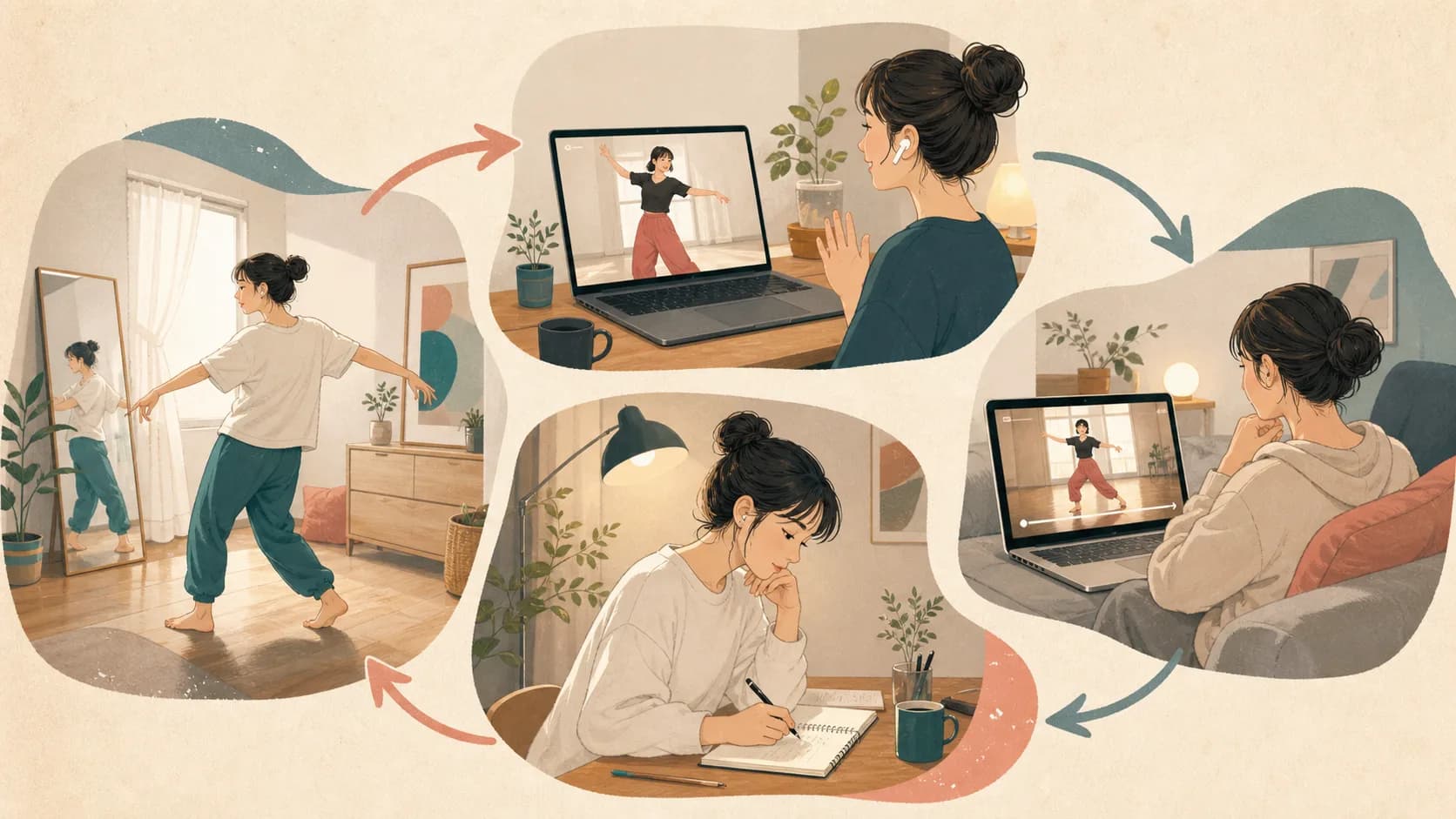 土曜のライブレッスン・アーカイブ復習・公式LINE質問が循環する自宅練習ループのイラスト