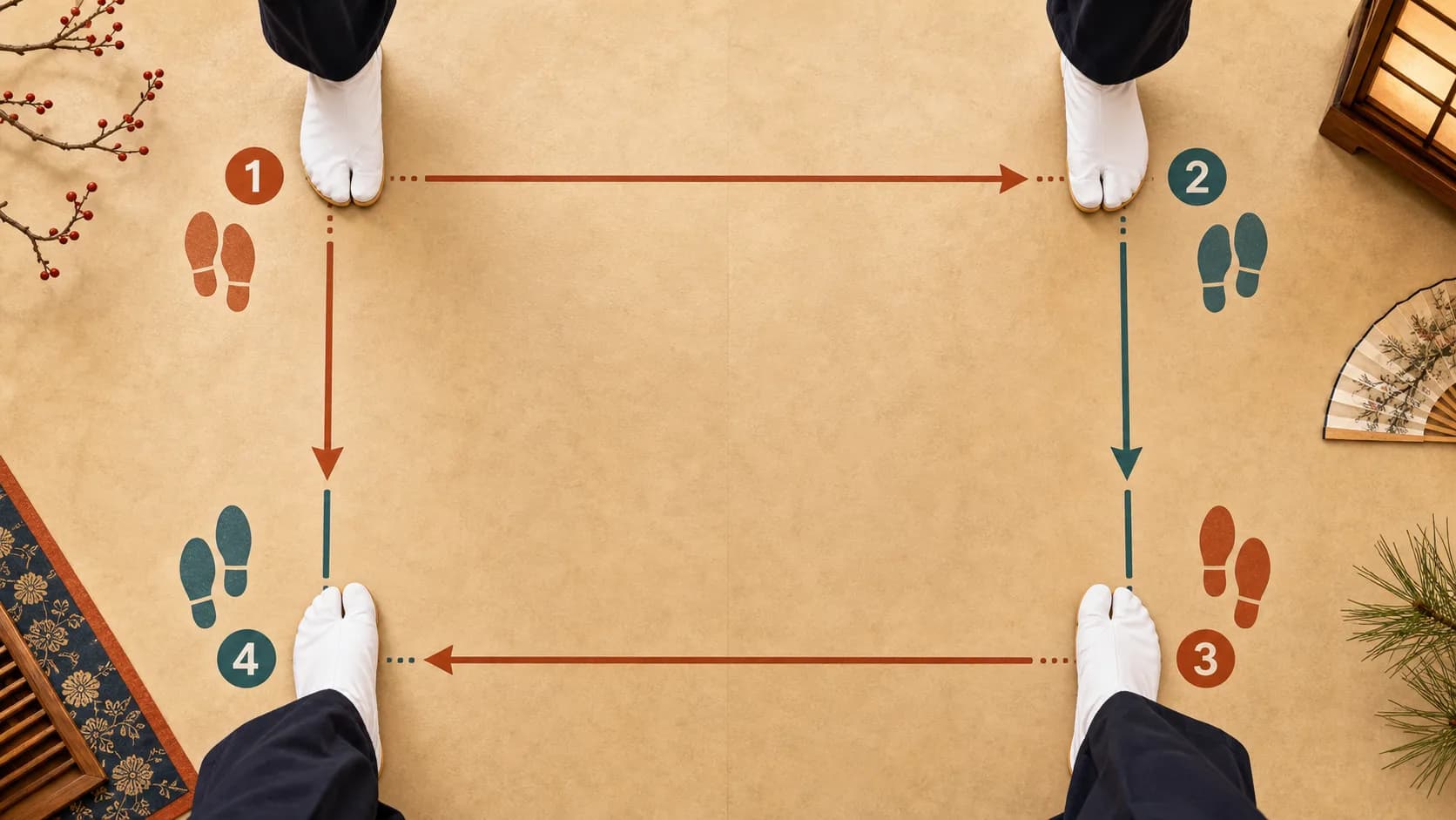 床の上で足が四角い形をたどるボックスステップの足跡を示した図解