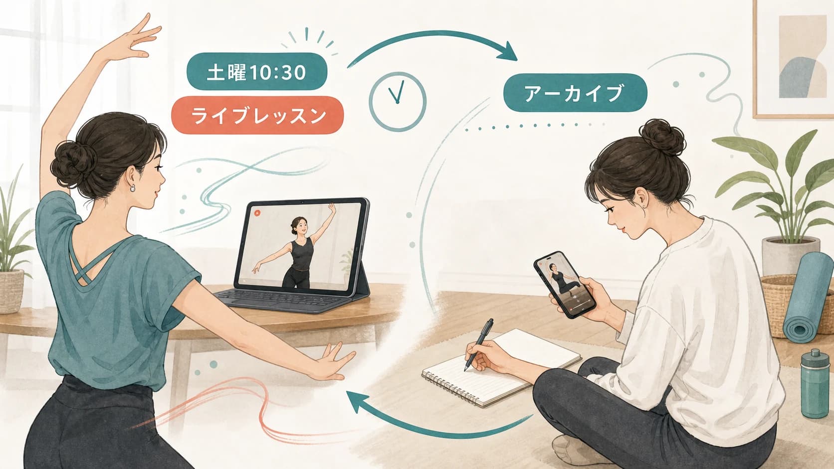 土曜10:30のライブレッスンと、ライブレッスンのアーカイブで戻るという2つの動線をシンプルに並べた案内図