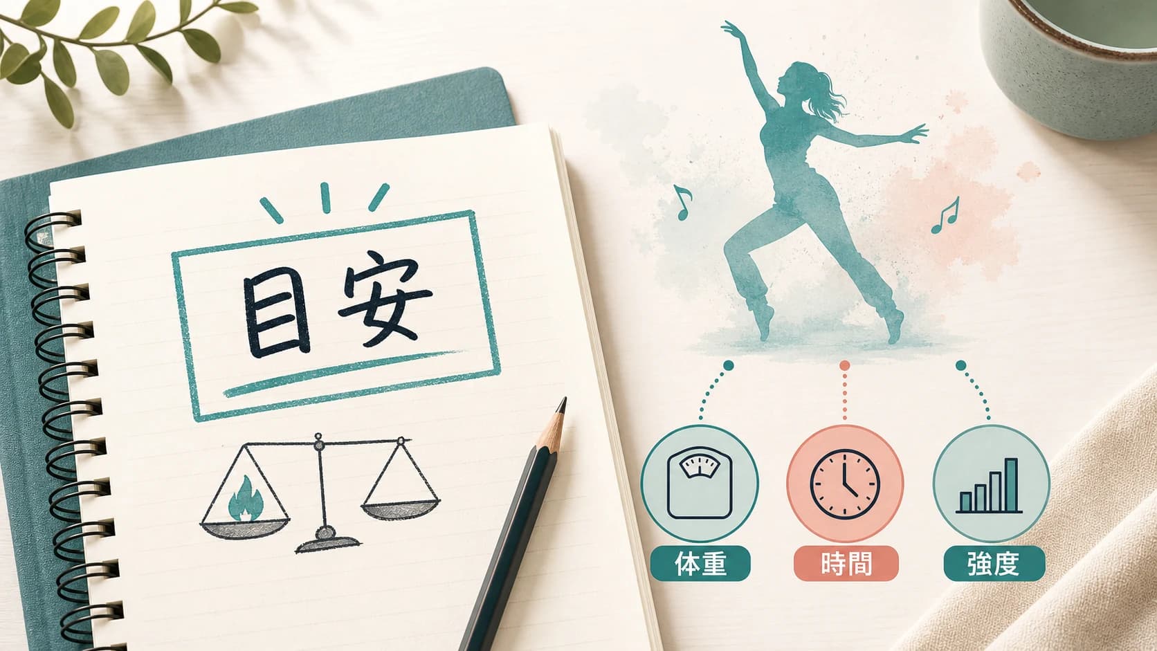ノートに「消費カロリーは目安」と書き、その横に体重・時間・強度の3語を並べたメモ