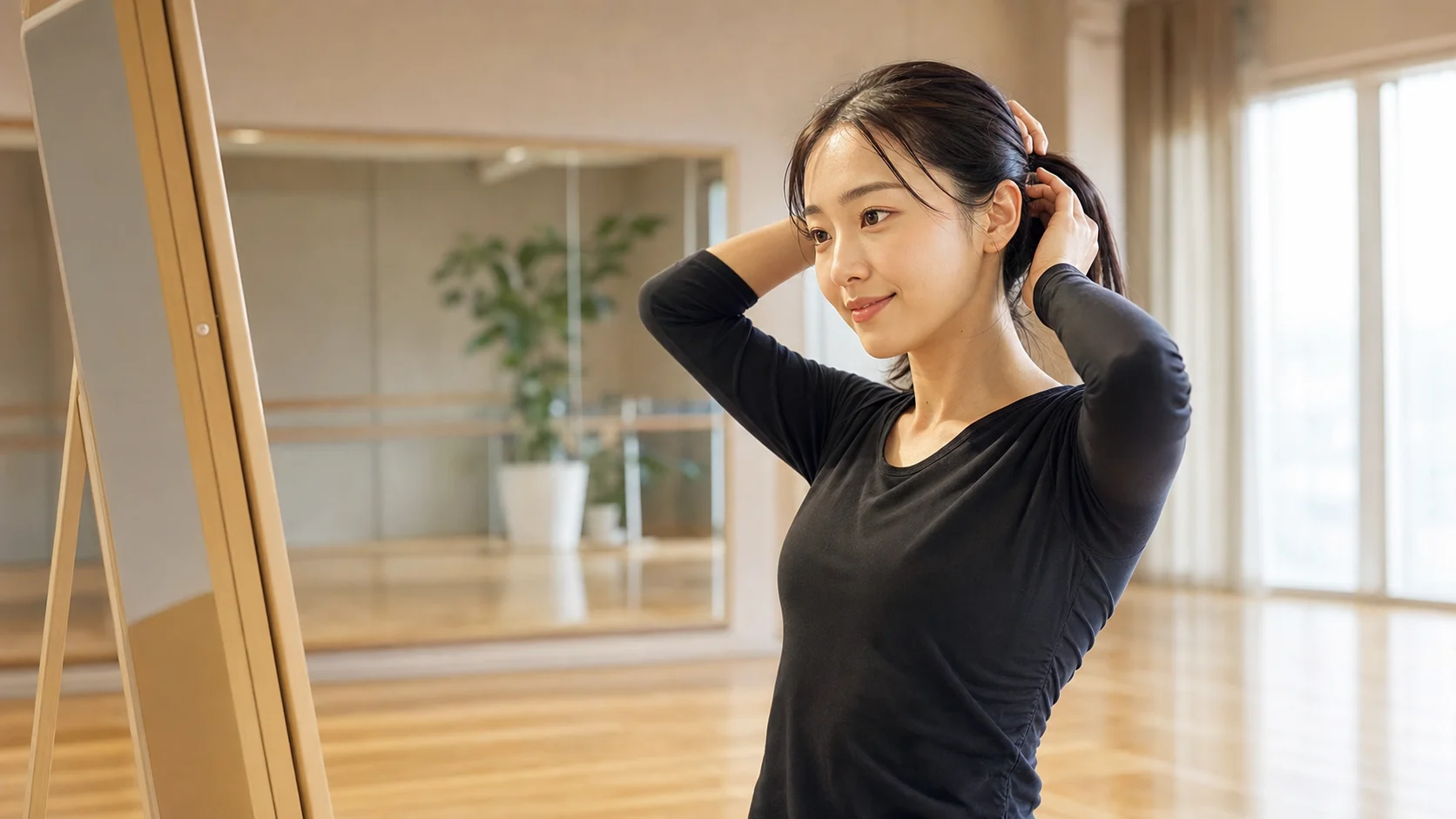 きつく結びすぎないように髪の固定を練習後に確認する