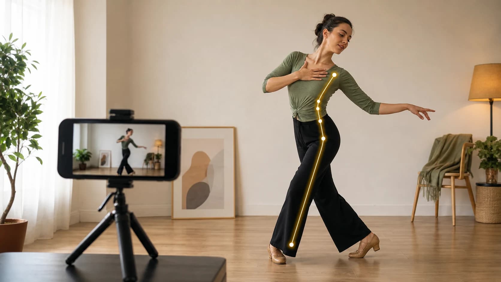 15分の日にスマートフォンで自分の踊りを短く撮影し、1点だけ修正点を決めて見直している様子のイメージ