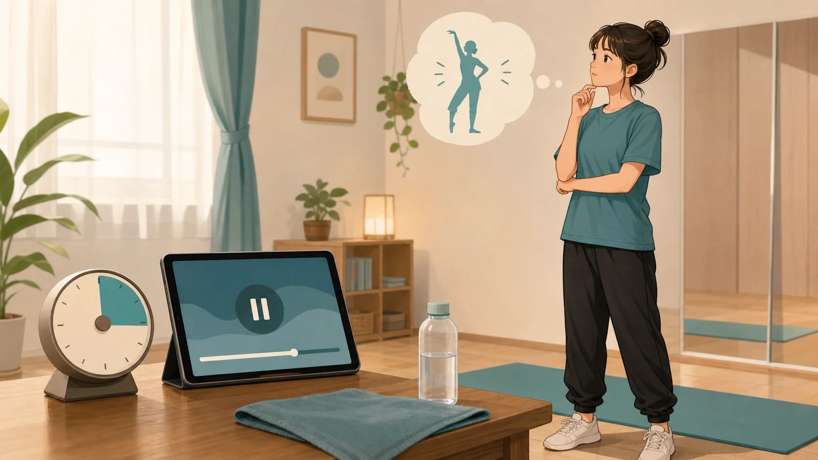 タイマーが5分を指す画面と、最後の1分で曲を止めて思い出している人物のシルエット。