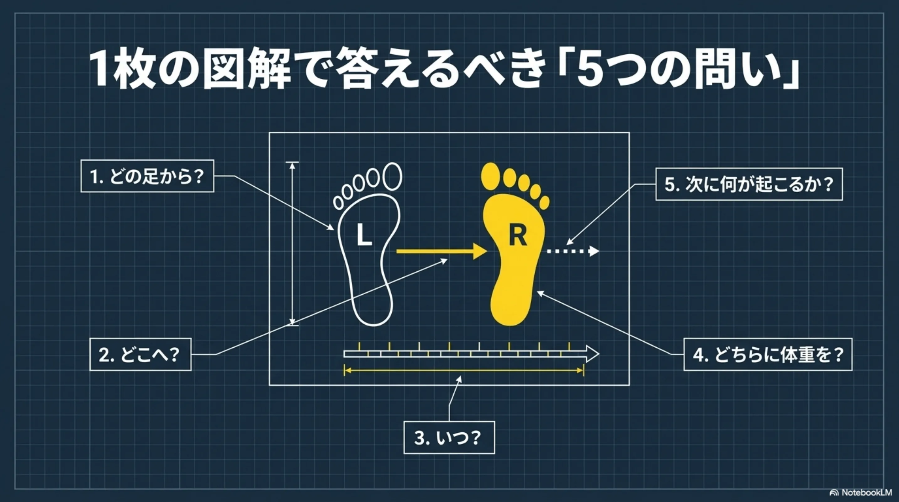 どの足から、どこへ、いつ、どちらに乗るか、次に何が起こるかを整理する図