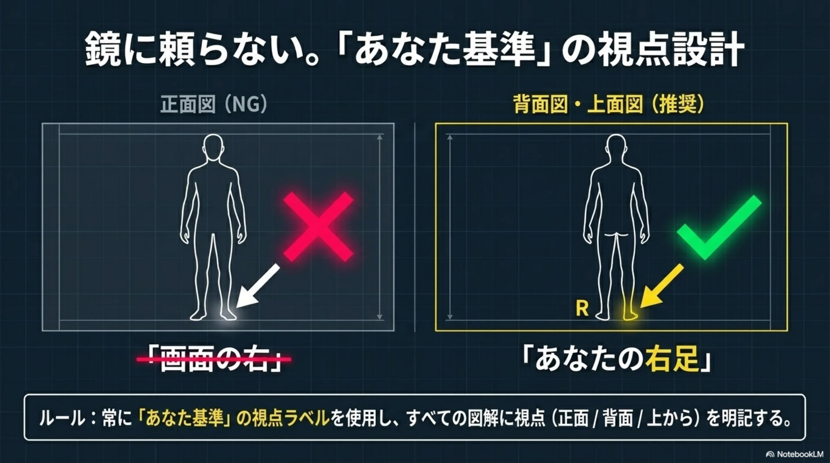 背面図と方向矢印で自分基準の右左をそろえる見方