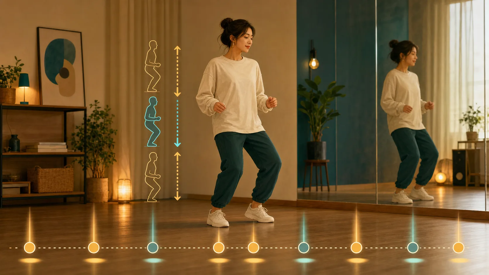 拍と体の上下を分けて、弾むステップを小さく練習している場面のイメージ