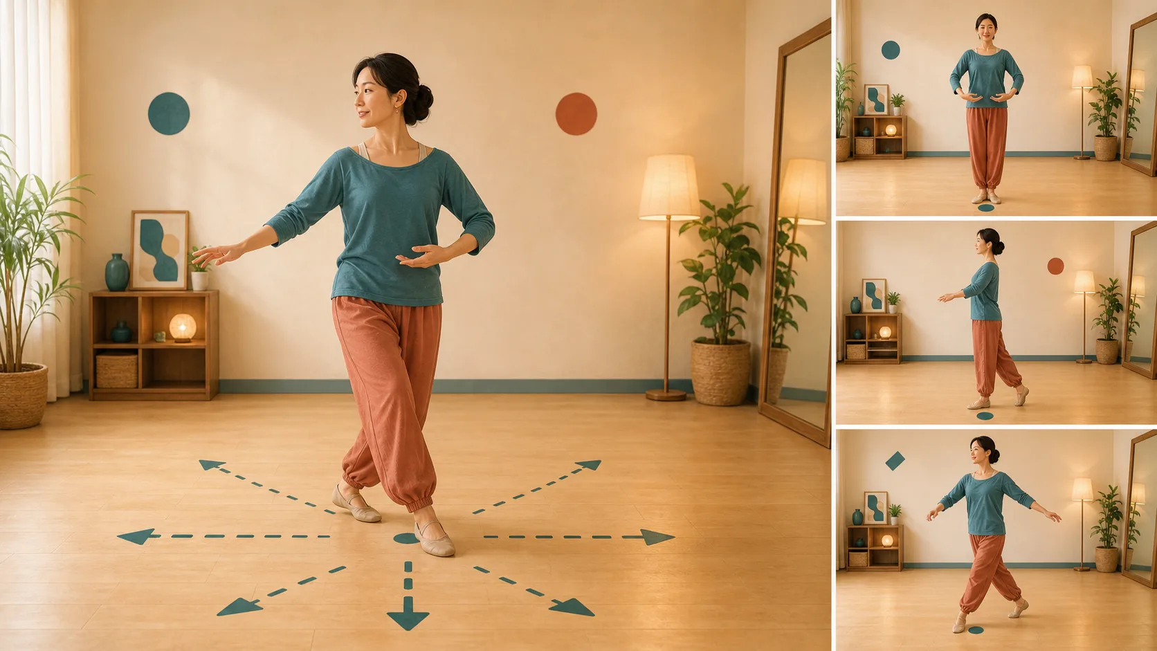 前後左右の向きを小さく決め、方向転換を確認している練習場面のイメージ