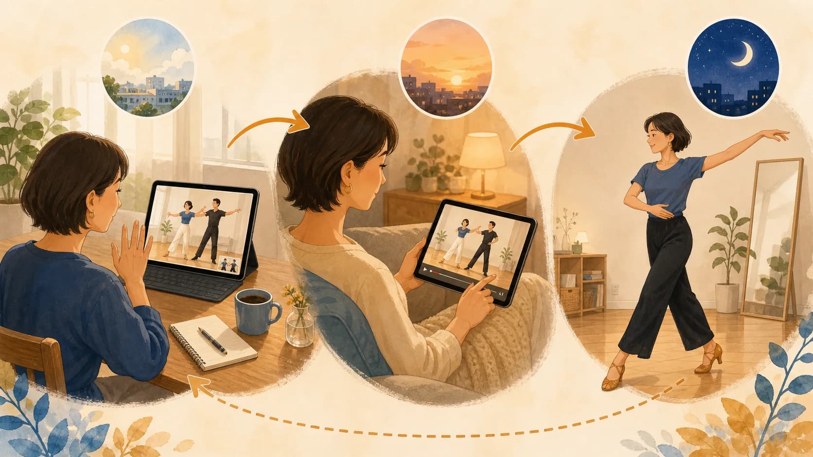 土曜10:30のライブレッスンと、ライブレッスンのアーカイブと、平日の5分復習を行き来している様子のイメージ