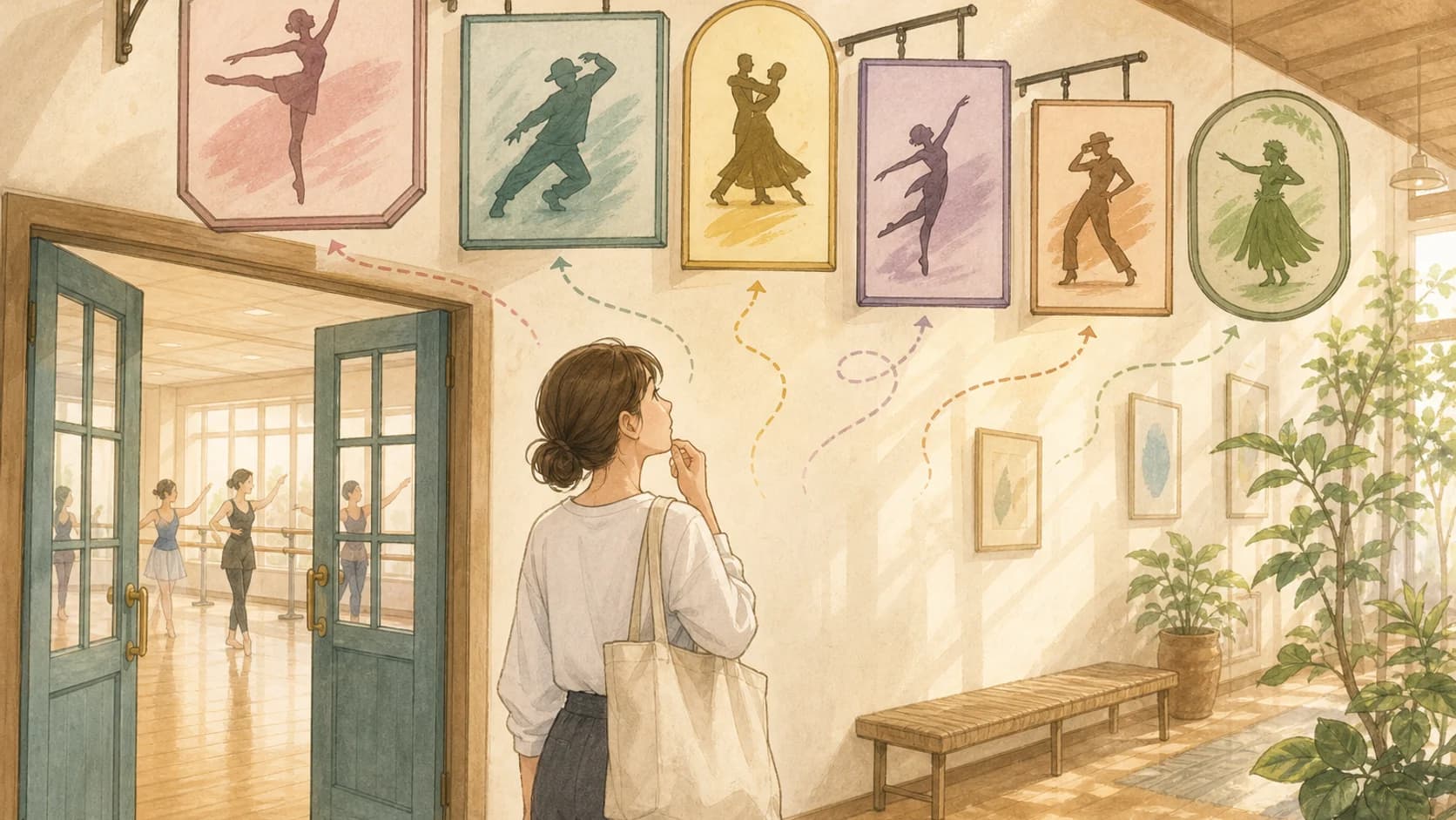 ダンスの種類の名前が書かれた看板を見上げて、入口に立つ初心者を描いた俯瞰イラスト