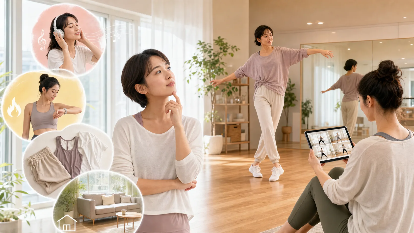 女性がダンスの種類を選ぶ前に、音楽、身体の使い方、復習環境を確認する全体像