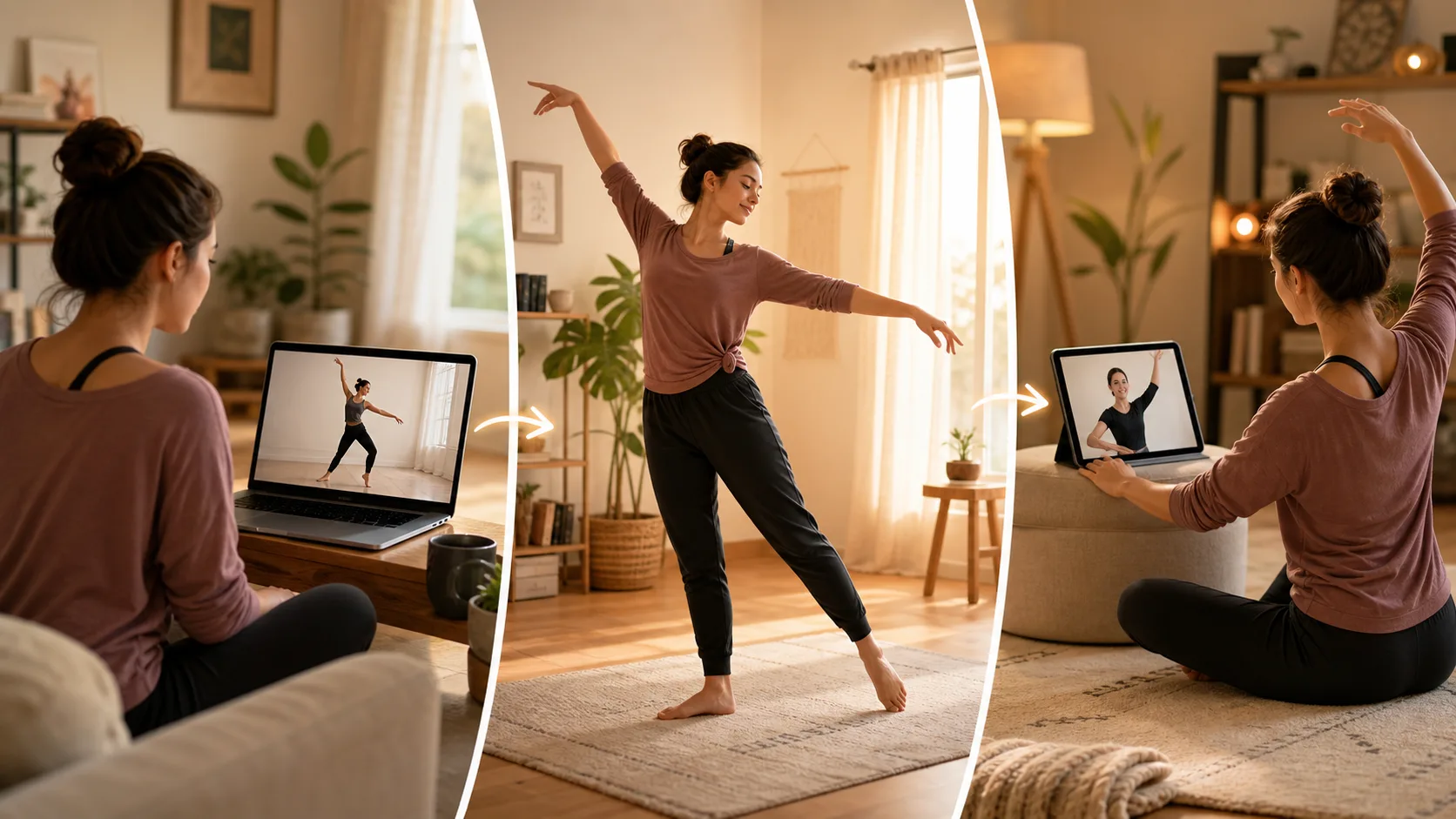 ダンス動画を「見る時間」「自宅で動く時間」「レッスンで確かめる時間」の3層に分け、動画が出発点に位置することを示した図