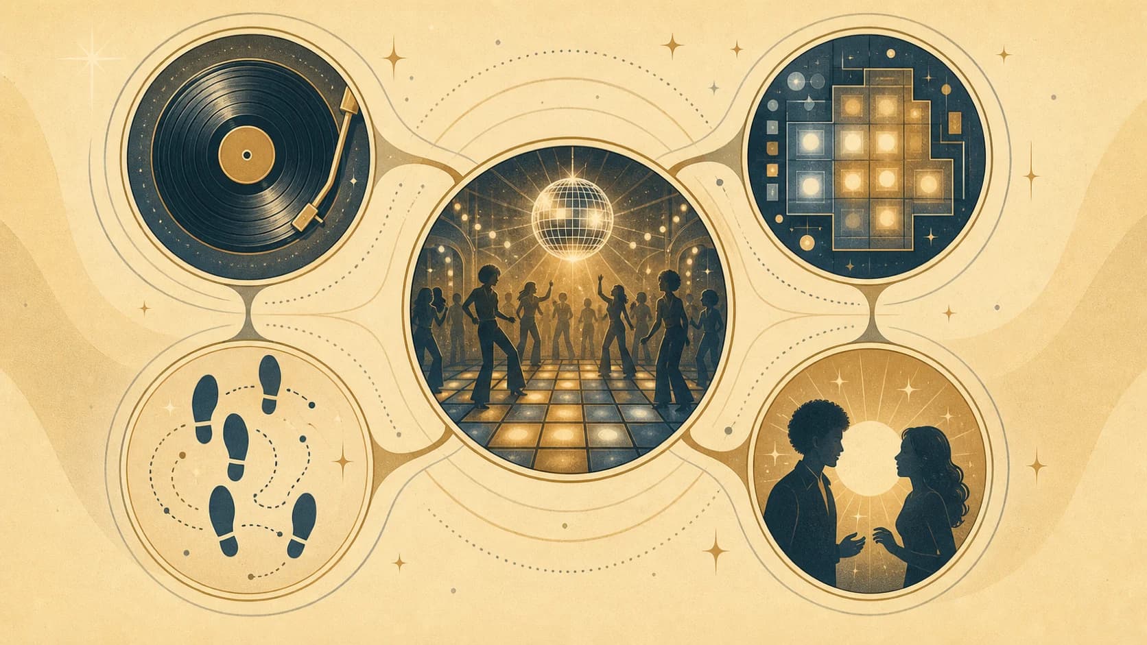 70年代ディスコの曲・場・ステップ・社交感を4方向に分けて整理する見取り図のイメージ