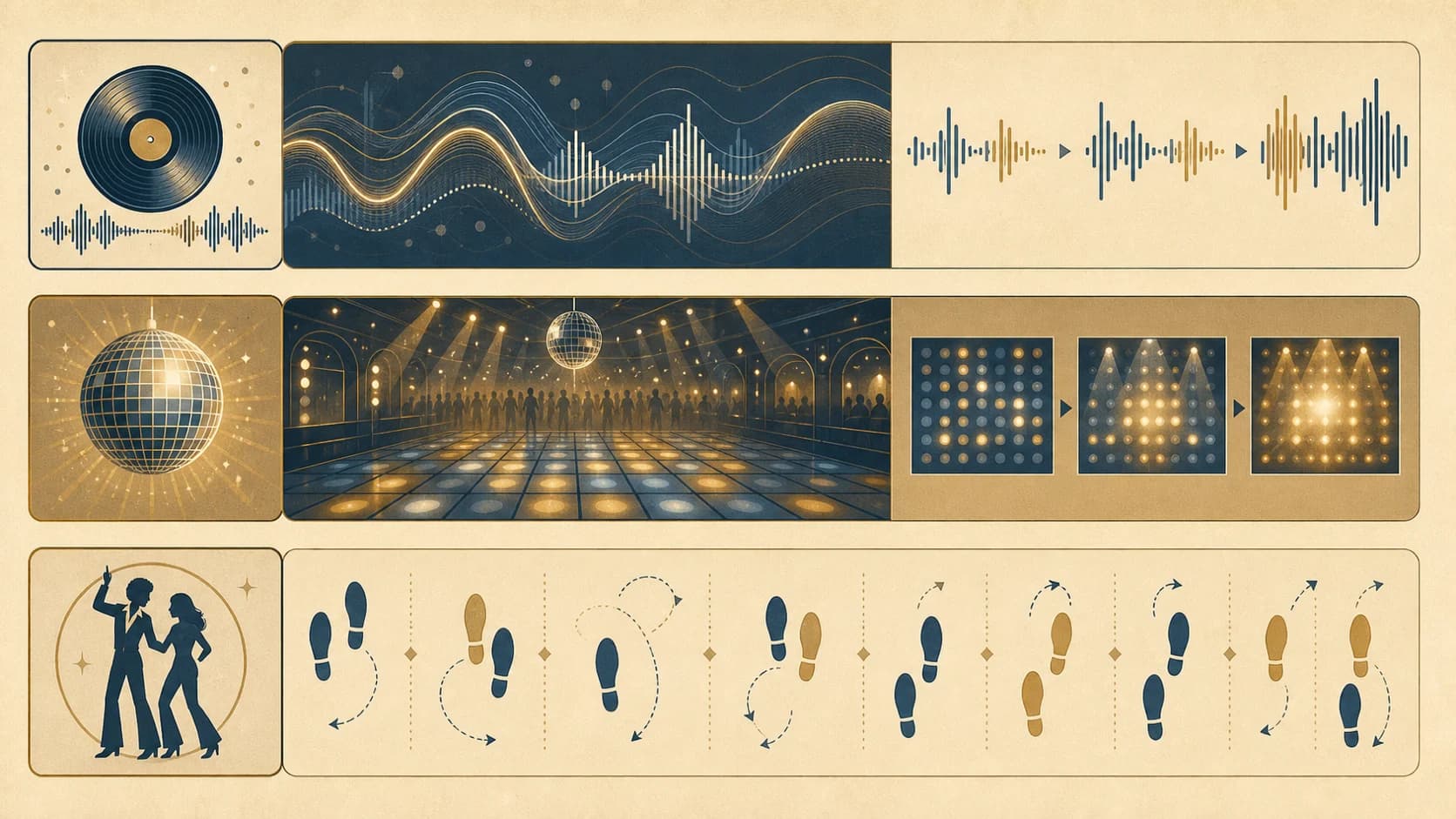 70年代ディスコの音楽、フロアの場、ステップ構造を3つのレーンに分けた説明イメージ